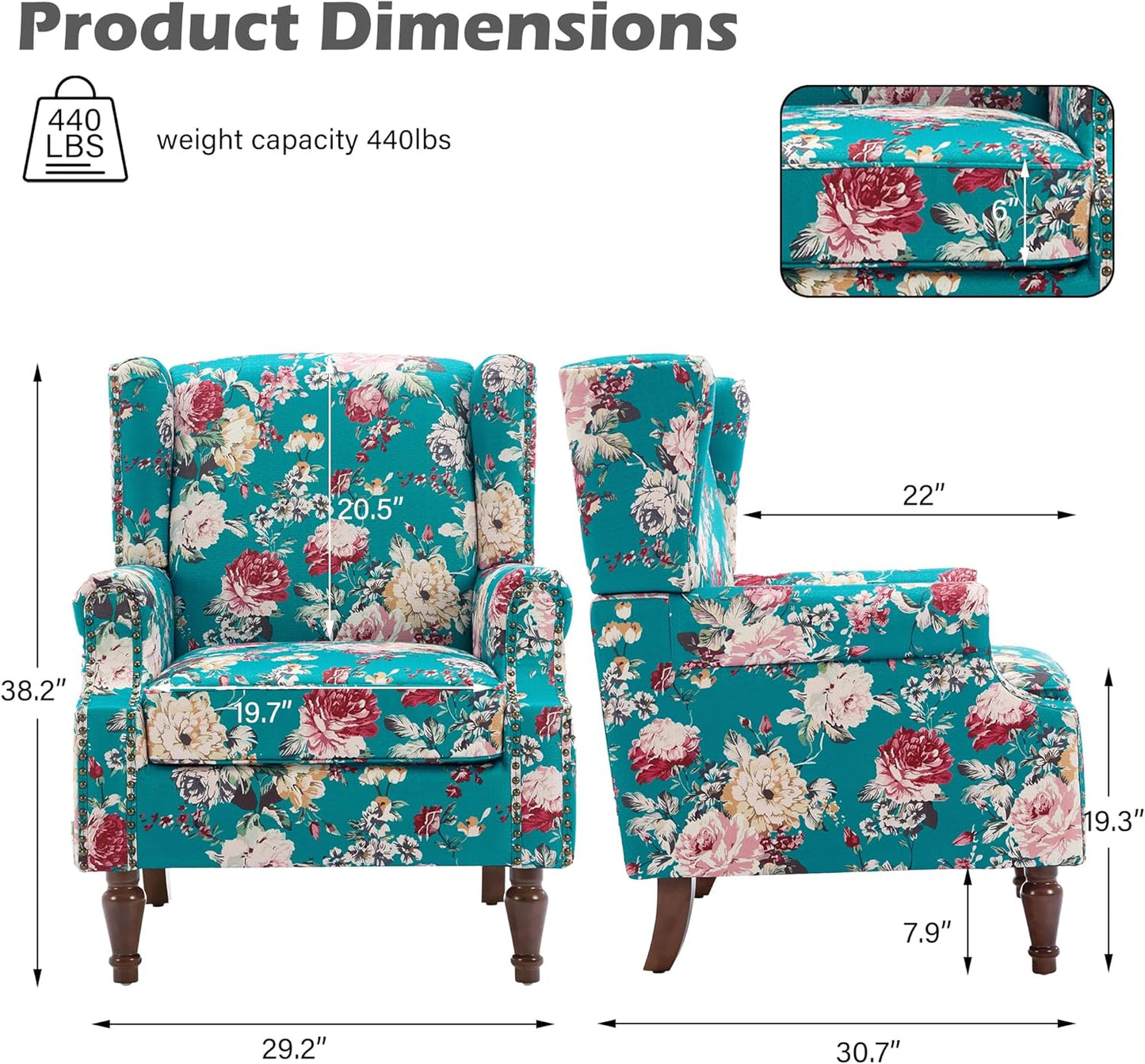 UIXE High Back Floral Accent Chair, Upholstered Armchair in Fabric, Retro Printed Wingback Arm Chair for Living Room, Nailhead Trim Single Sofa Bedroom Reading Seat - Peacock Blue