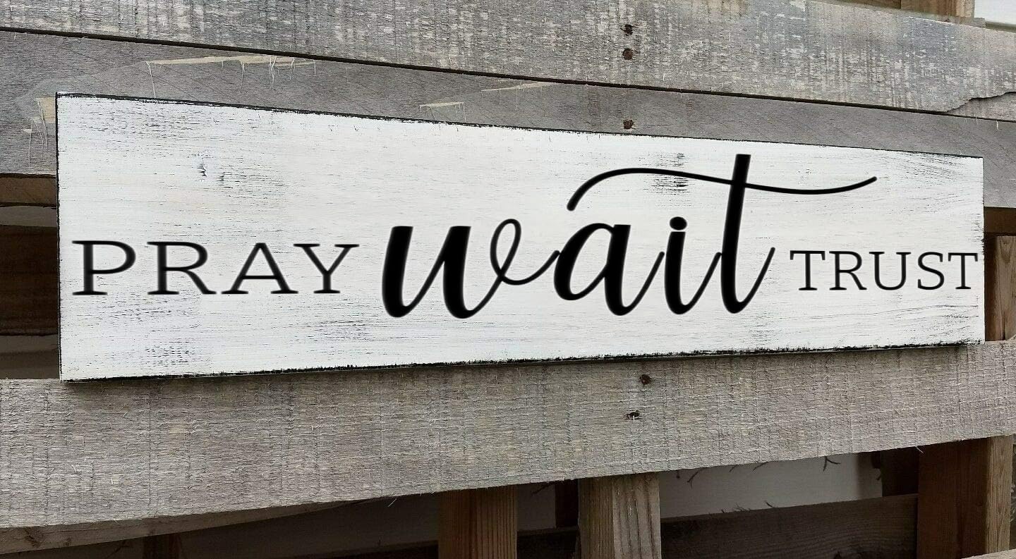 Pray Wait Trust Sign, Farmhouse Christian Wall Art, Religious Home Decorations Faith Wall Decor (Pray) 6x18 Inch