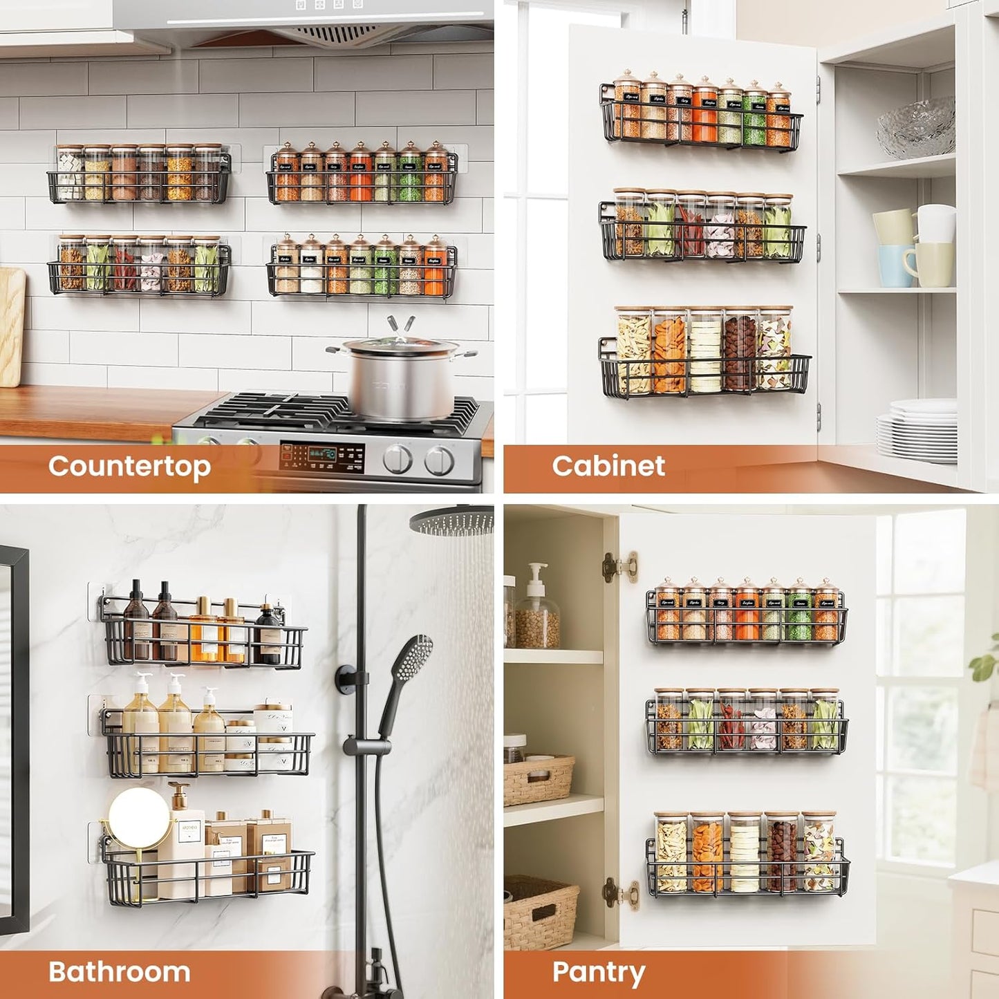 5 Pack Spice Rack Seasoning Organizer Wall Mount, Screw or Adhesive Hanging Shelf Basket Spice Organizer Shelf for Kitchen, Black
