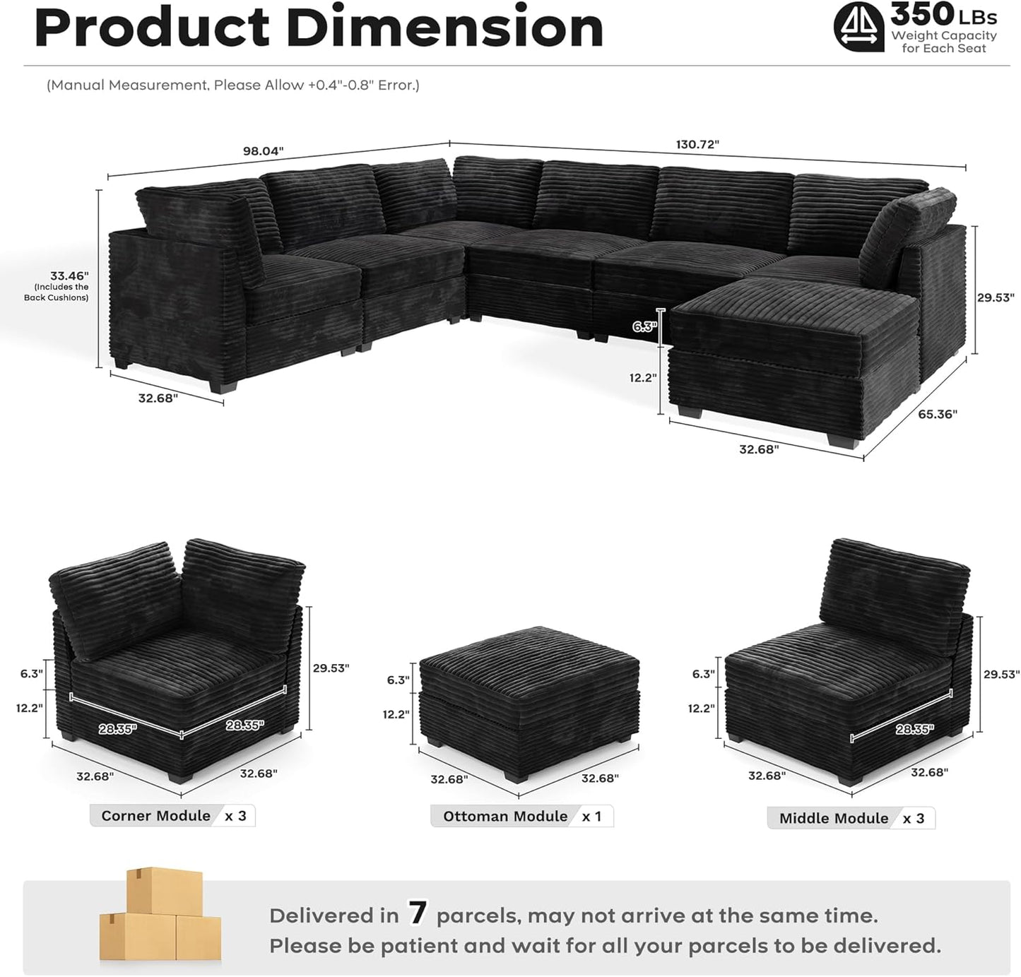 ovios Sectional Sofa Couch with U-Shape Chaise Sofa Bed, Comfy Modular Cloud Couches with Deep Seat, Modern Upholstered Plush Corduroy Sofas Set for Living Room, 7-Seater, Black