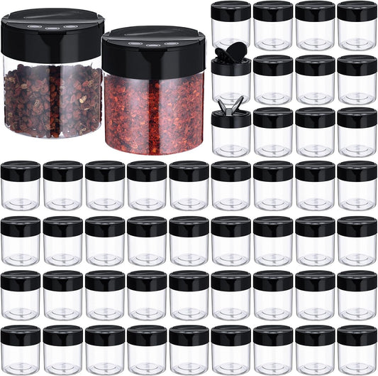 50 Pack 4.7 oz Plastic Spice Jars with Black Cap Empty Clear Plastic Spice Bottle Containers Reusable Seasoning Jars with Shaker Lids for Kitchen Storing and Dispensing Salt Powders