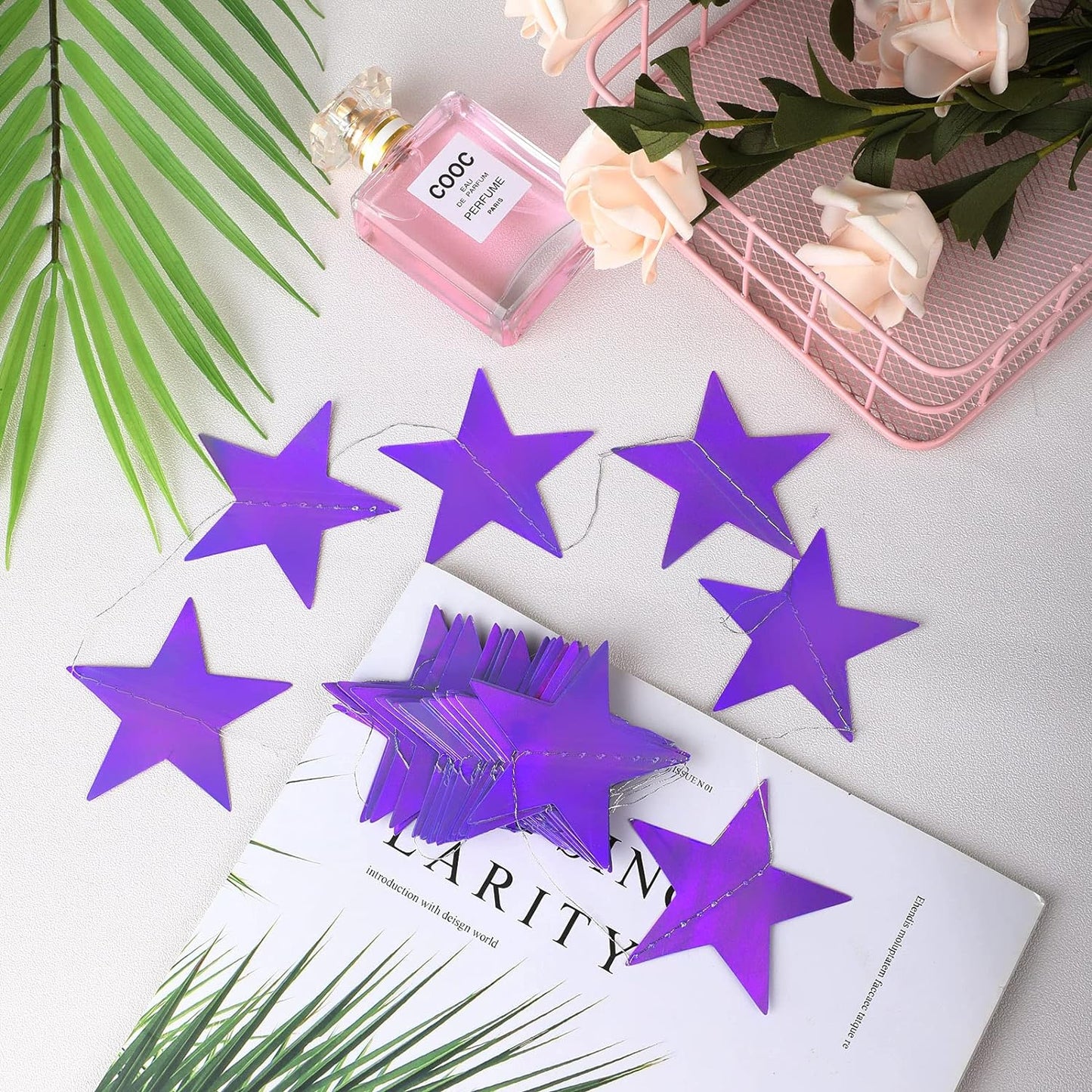 Patelai Glitter Star Garland Banner Decor 130 Feet Star Hanging Bunting Banner Twinkle Backdrop for Homecoming Classroom Wedding Birthday Halloween Christmas Party Supplies(Holographic Purple)