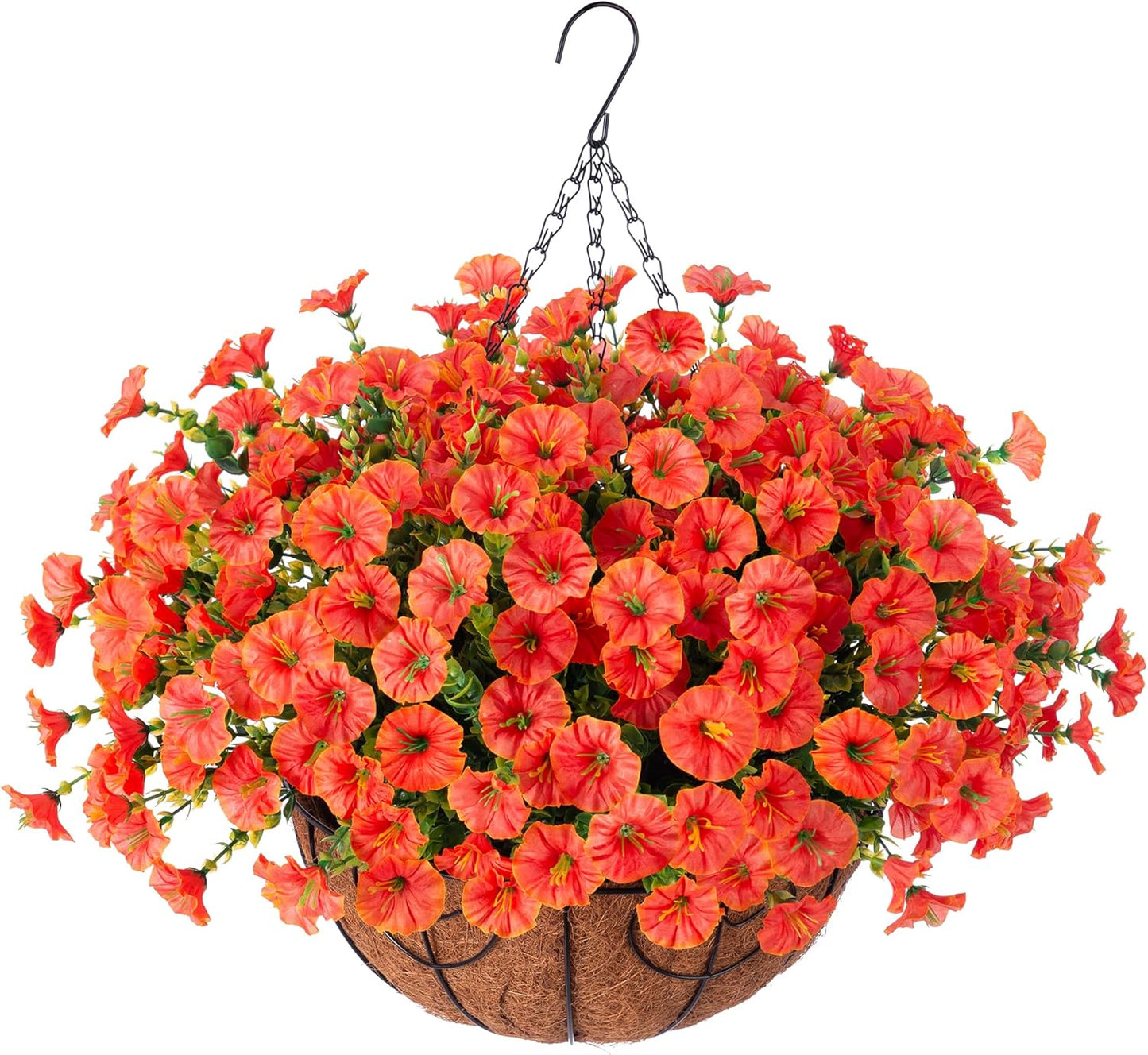 Artificial Fall Flowers Fake Hanging Plants Flowers Basket for Outdoors Autumn Decoration, Orange Silk Morning Glory with Eucalyptus Look Real UV Resistant Faux Flowers for Outside Porch Patio Balcony