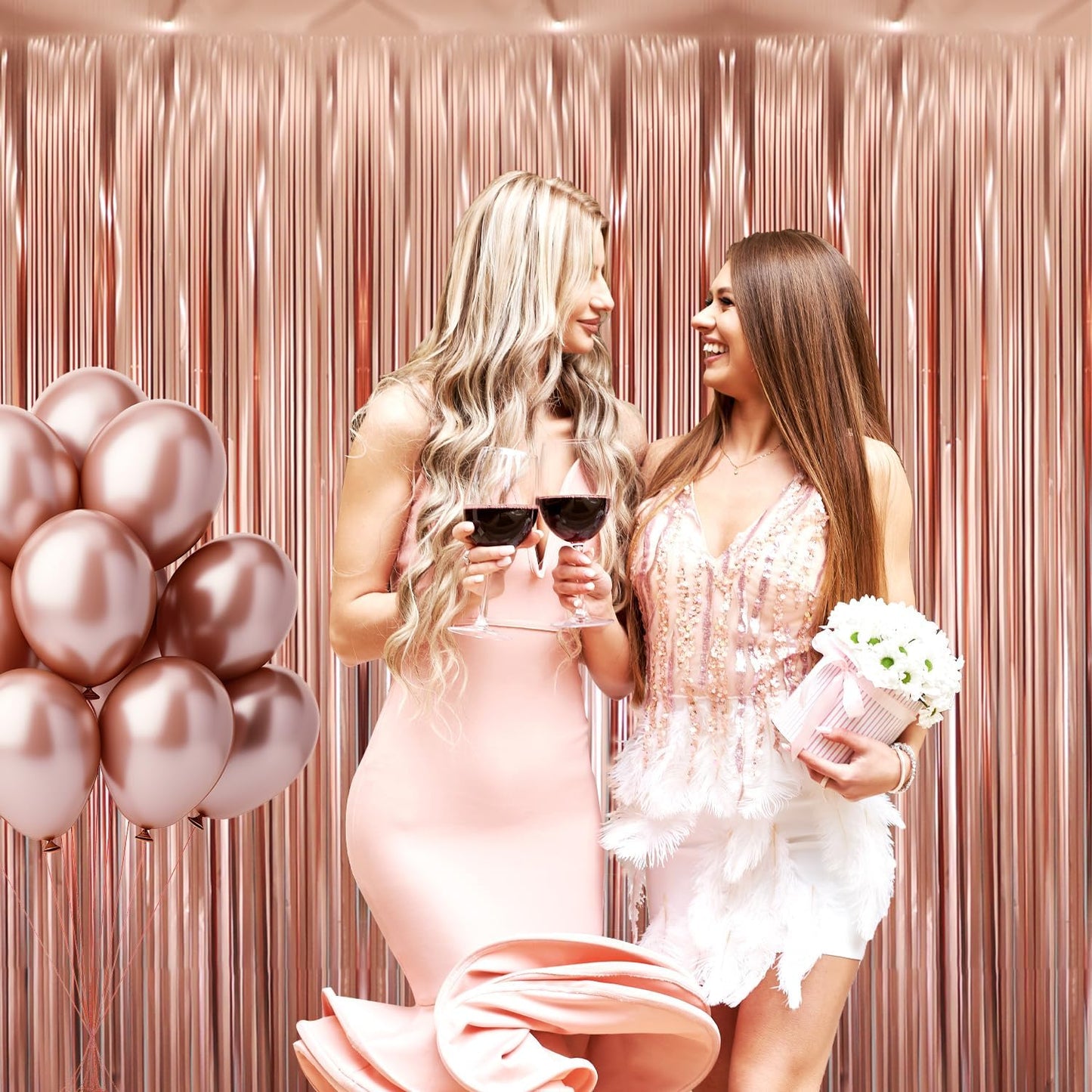 GOER 3.2 ft x 8.2 ft Metallic Tinsel Foil Fringe Curtains Party Photo Backdrop Party Streamers for Birthday,Graduation,New Year Eve Decorations Wedding Decor (5 Pcs,Matte Rose Gold,Thick Material)