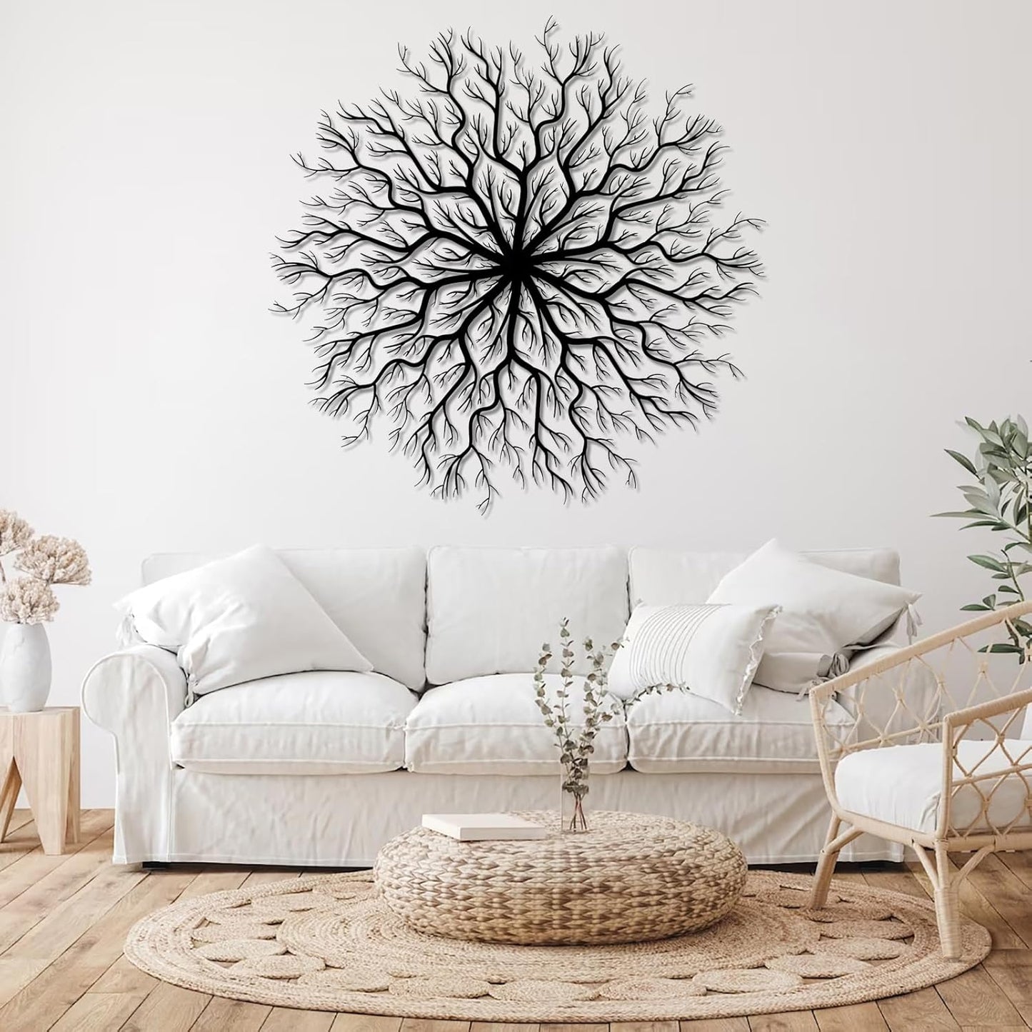 Tree of Life Metal Wall Art, Metal Tree Wall Art, Large Round Sculpture, Round Branch Wall Decor, Large Branch Artwork, Nature Sign, Wall Decor for Living Room, Housewarming Gift (White, 24"x24"|60x60cm)