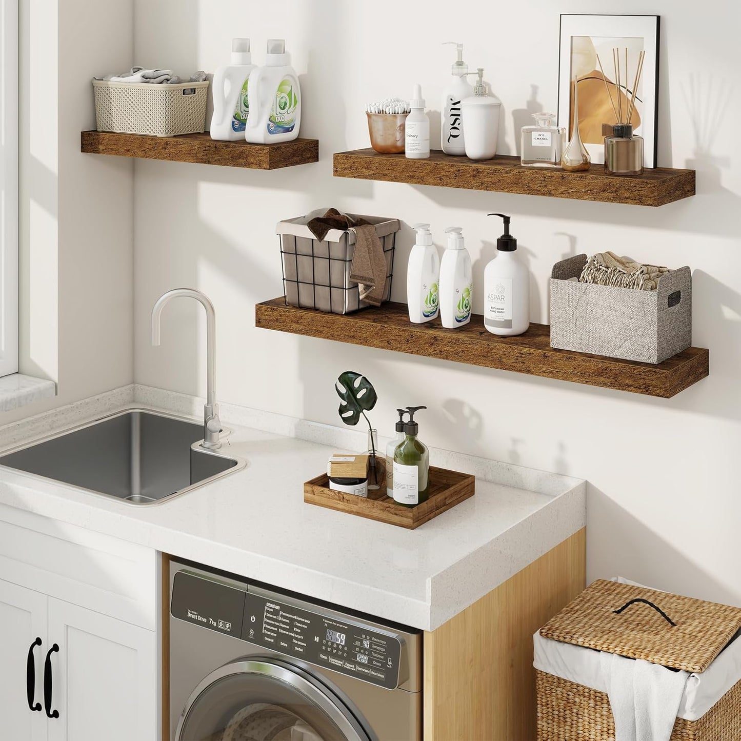 fuqing Floating Shelves for Wall, Bathroom Shelf Wall Mounted for Storage, Shelves with Invisible Bracket for Bedroom, Kitchen, Living Room, Farmhouse Small Book Shelf, 24 Inch Set of 2, Rustic Brown