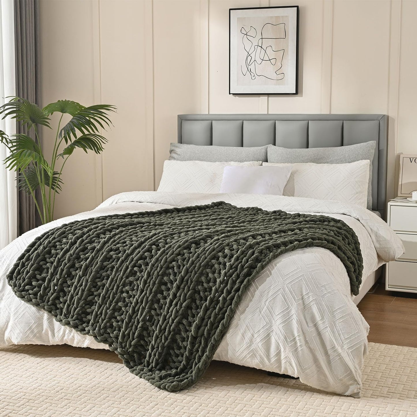 Esterra Chunky Knit Blanket Throw, 100% Handmade Chenille Throw Blanket 40"x50", Soft Thick Yarn Cable Knit Crochet Throw Blanket Rope Knot Throw for Couch Bed Sofa, Dusty Olive