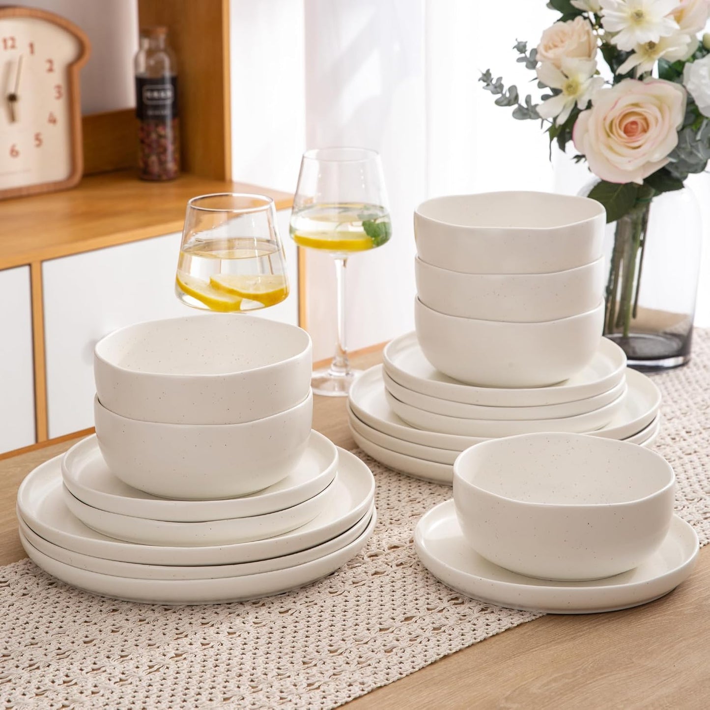 AmorArc Ceramic Dinnerware Sets, Wavy Rim Stoneware Plates and Bowls Sets, Highly Chip and Crack Resistant | Dishwasher & Microwave & Oven Safe Dishes set, Service for 6 (18pc)-Matte Speckled White