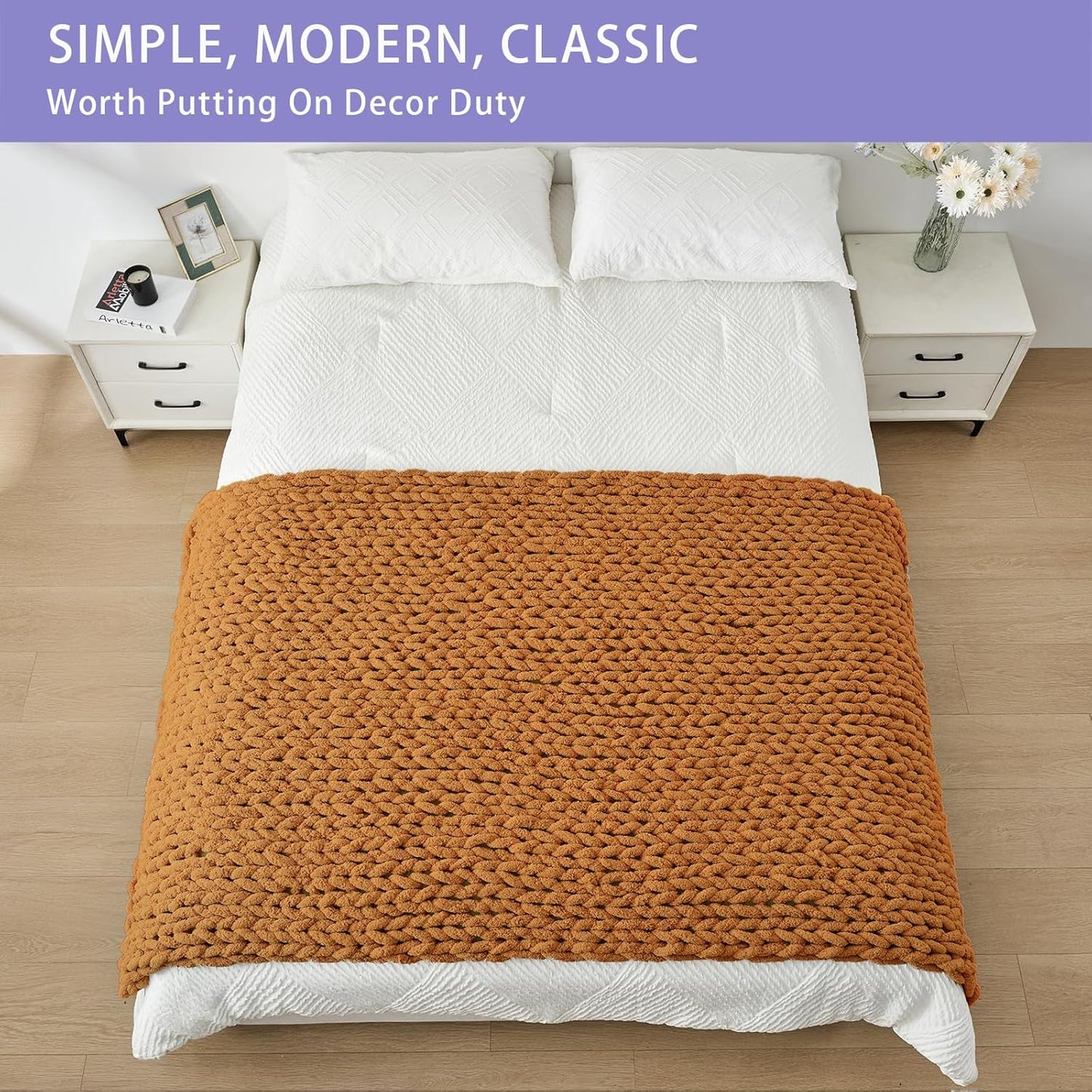 Bigacogo Chunky Knit Throw Blanket for Couch, 40x80 inches, 100% Hand Knitted with Thick Jumbo Chenille Yarn, Cozy Soft Large Rope Knot Cable Crochet Blankets for Sofa Bed Living Room, Burnt Orange