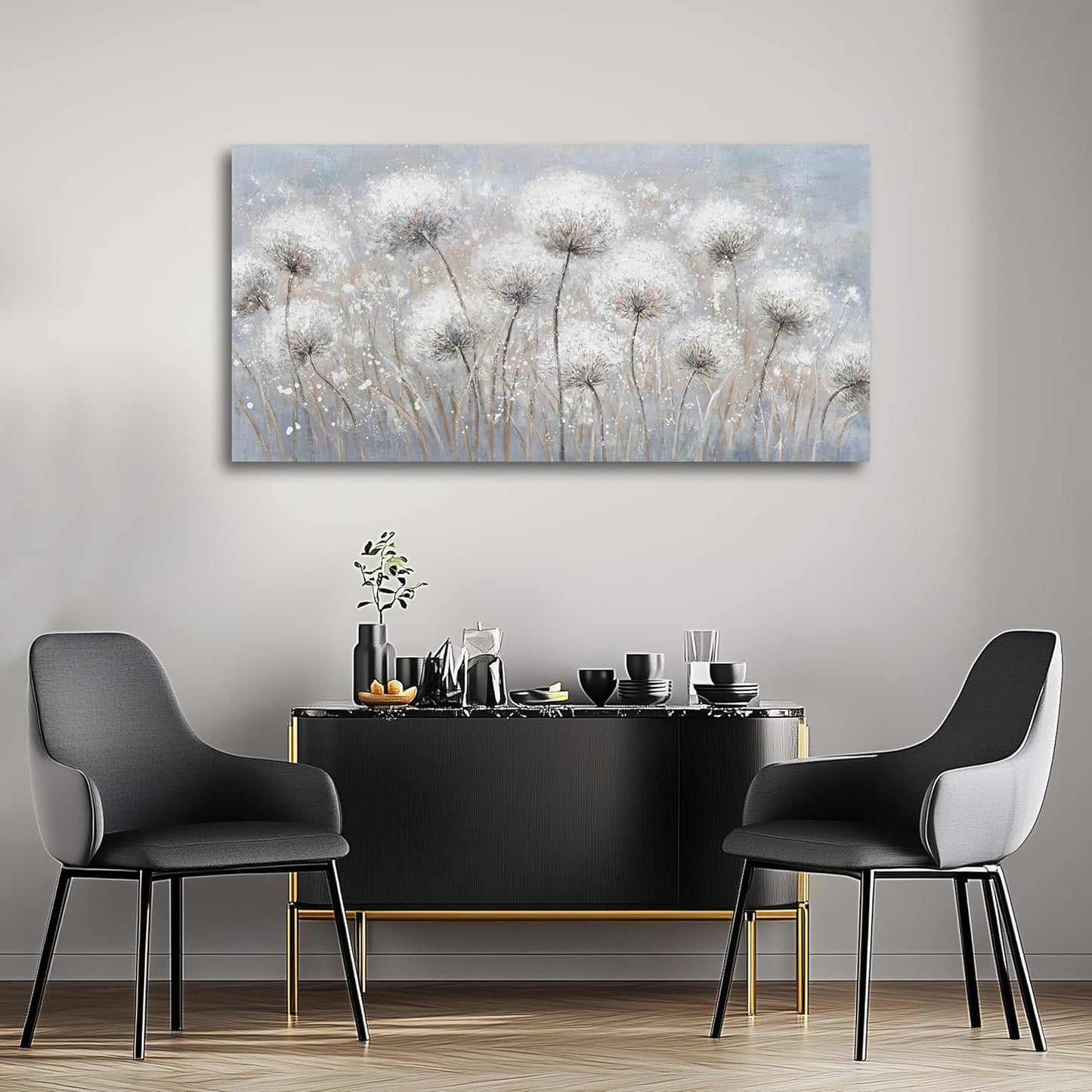 Belmrxne Large Dandelion Floral Wall White and Black Wall Decor Modern Aesthetic Artwork Trendy Canvas Painting for Living Room Bedroom Dining Room Office Home Decor 30x60 inch
