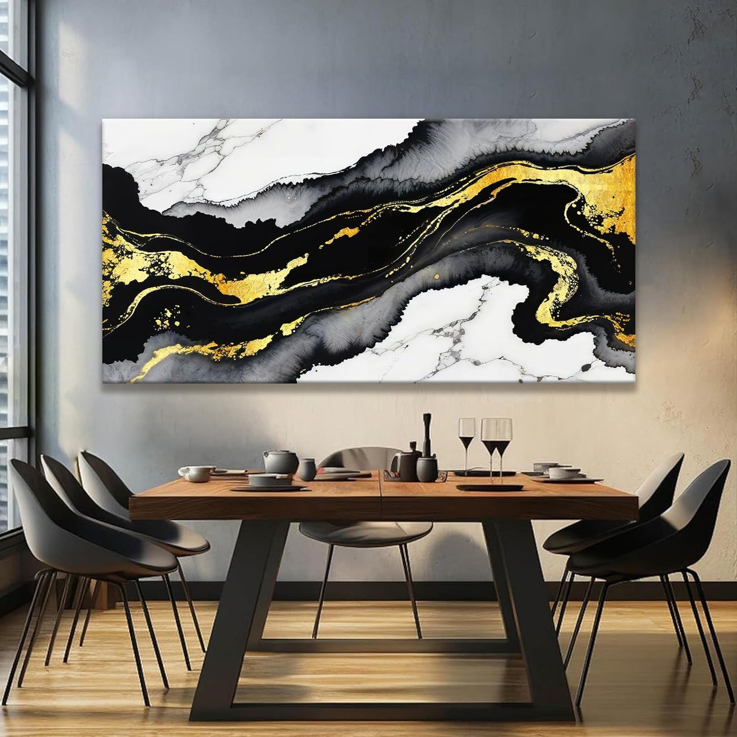TAIJXAGSG Large Abstract Wall Art Canvas Art Wall Decor Marble Texture Black And Gold Wall Art Canvas Picture Painting Artwork For Bedroom Dinning Room Modern Home Wall Decor 29 x 58 In