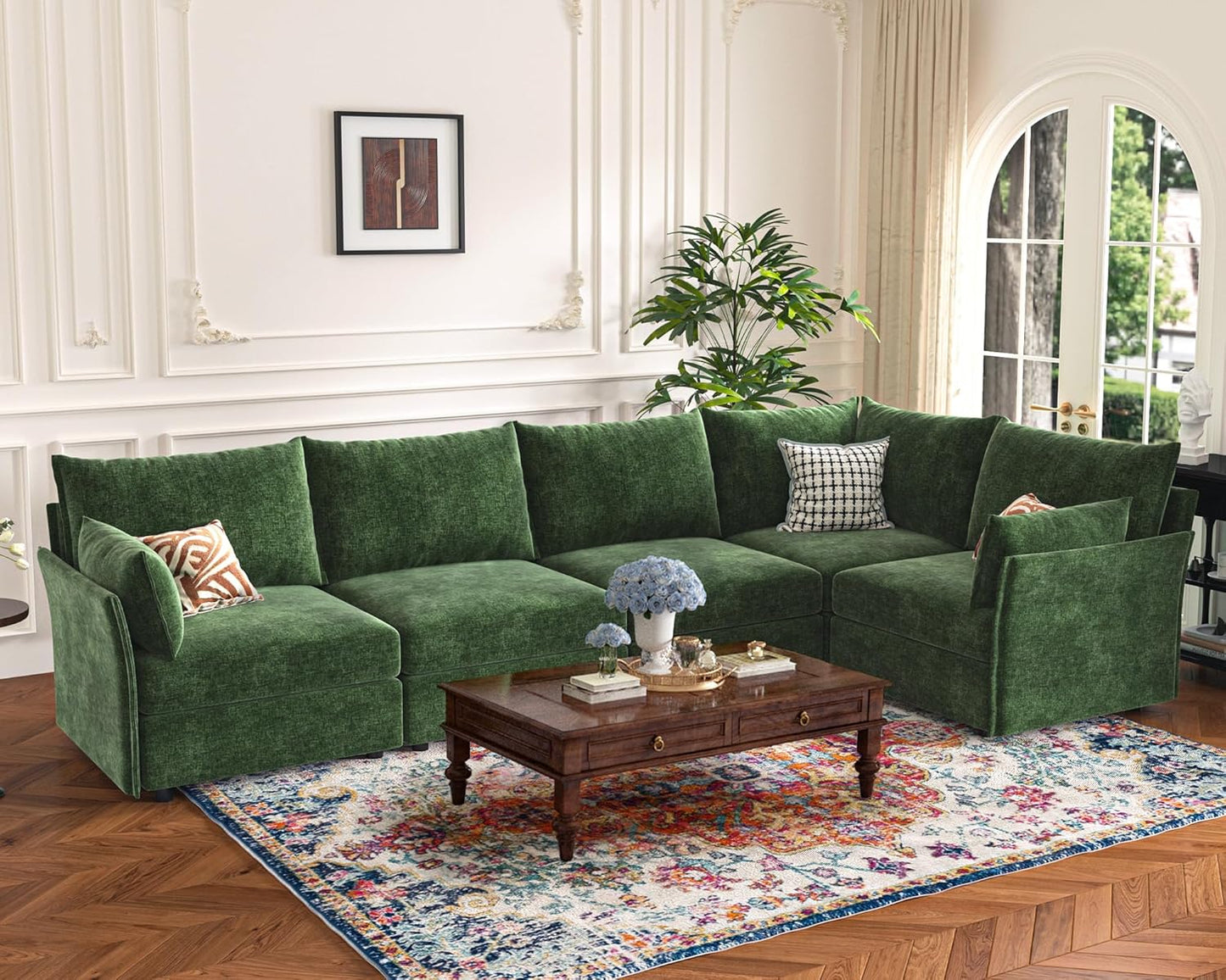 135.5" Oversized Modular Sectional Sofa, L Shaped Convertible Couch with Movable Ottoman, 5 Seat Corner Couches for Living Room Deep Seat Green Chenille