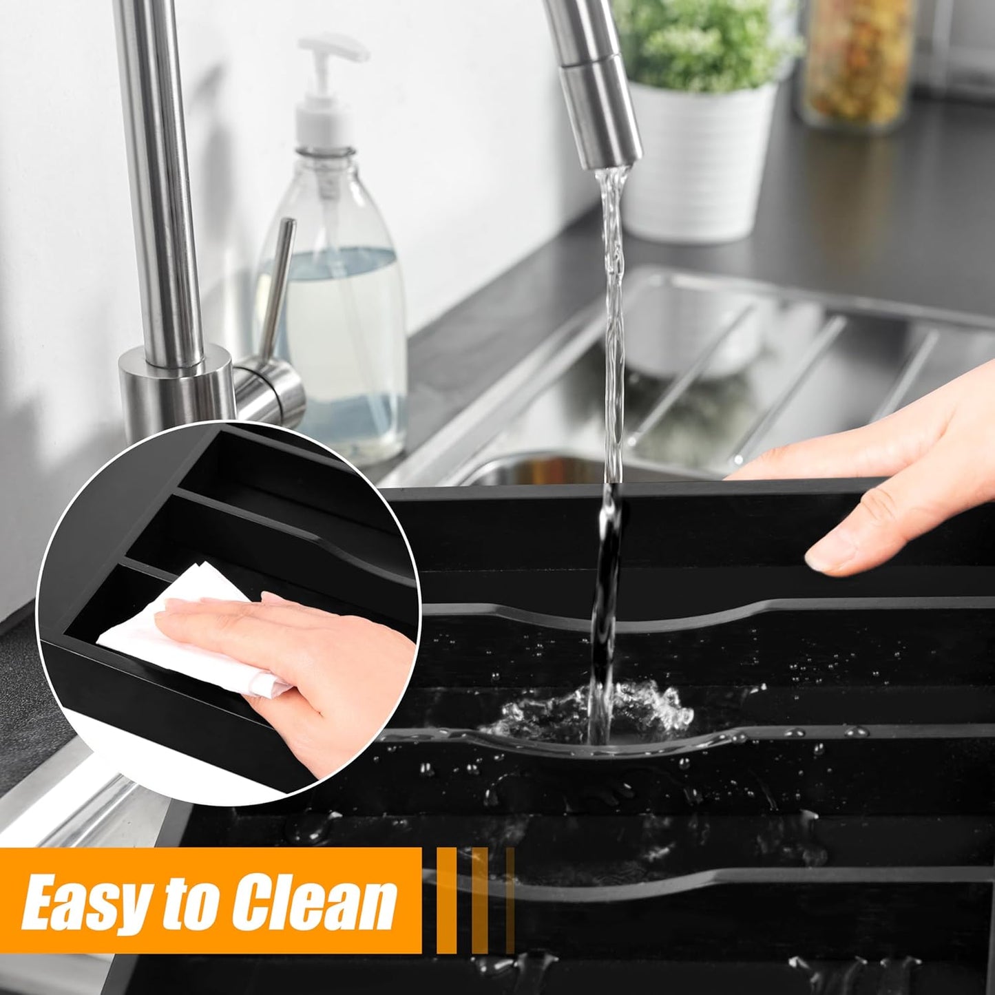 Bellsal Bamboo Silverware Drawer Organizer, Utensil Kitchen Drawer Organizer, Utensil Holder Cutlery Tray with Grooved Drawer Dividers for Kitchen Utensils and Flatware Bedroom Office (7 Slot, Black)