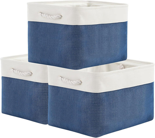 TheWarmHome Organization and Storage for Organizing - 3 Pack 16x12x12 inch Cube Storage Bin for Shelves, Fabric Storage Cubes for Closet Cloth Organizer Gift Toy (White & Jean Blue)