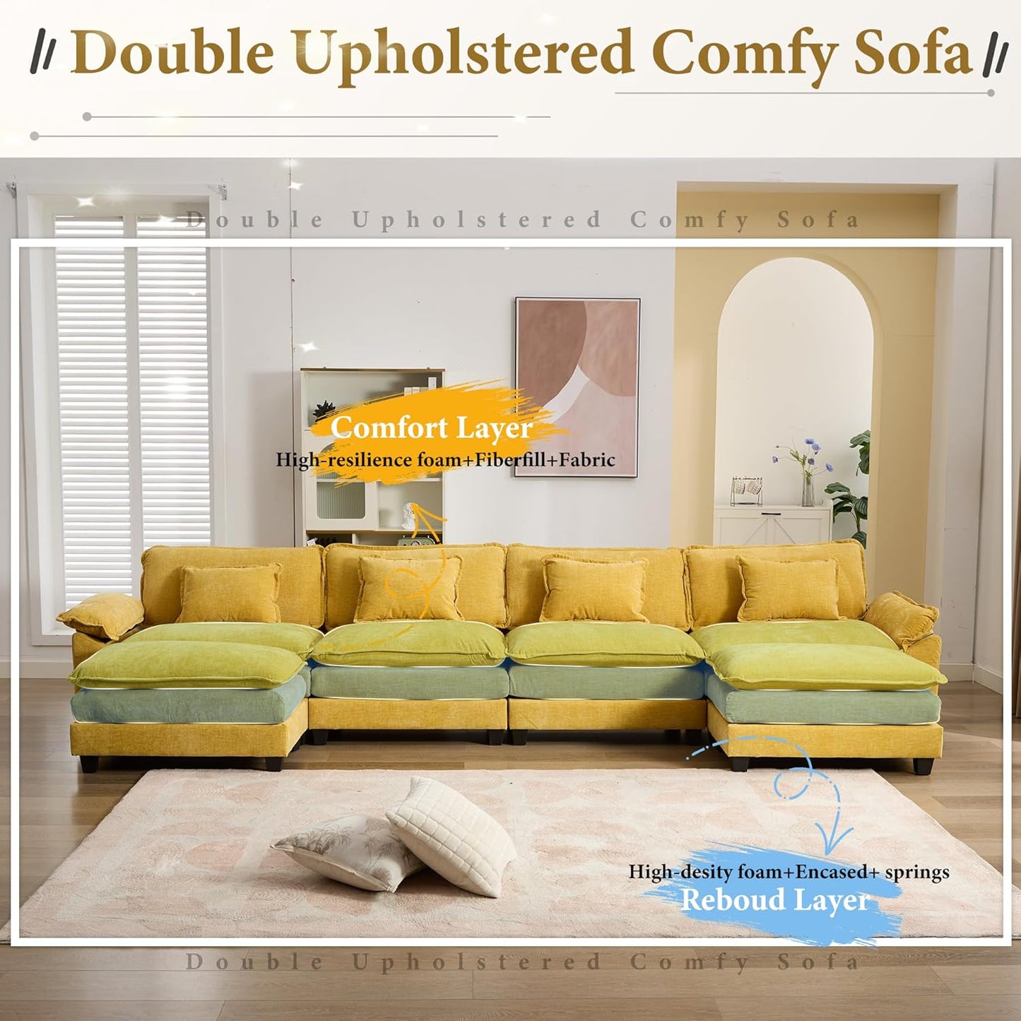 URRED Modular Sectional Sofa Comfy Cloud Couch, Modern Chenille Sofa Sleeper Deep Seat Couches with Ottoman/Pillows for Living Room (Yellow, 154'' - U Shape)