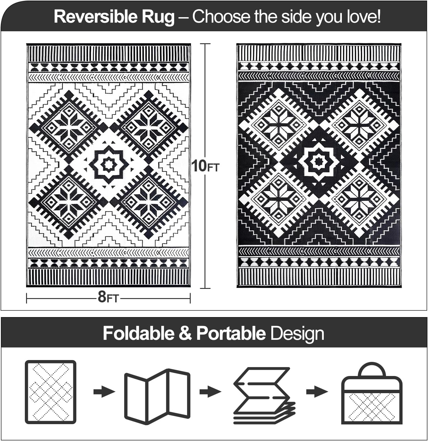Waterproof Outdoor Rug 8x10ft, Boho Reversible Plastic Straw Mat for Patio RV Deck Porch Backyard Balcony Camping Picnic Beach Indoor Outdoor Carpet, Black&White