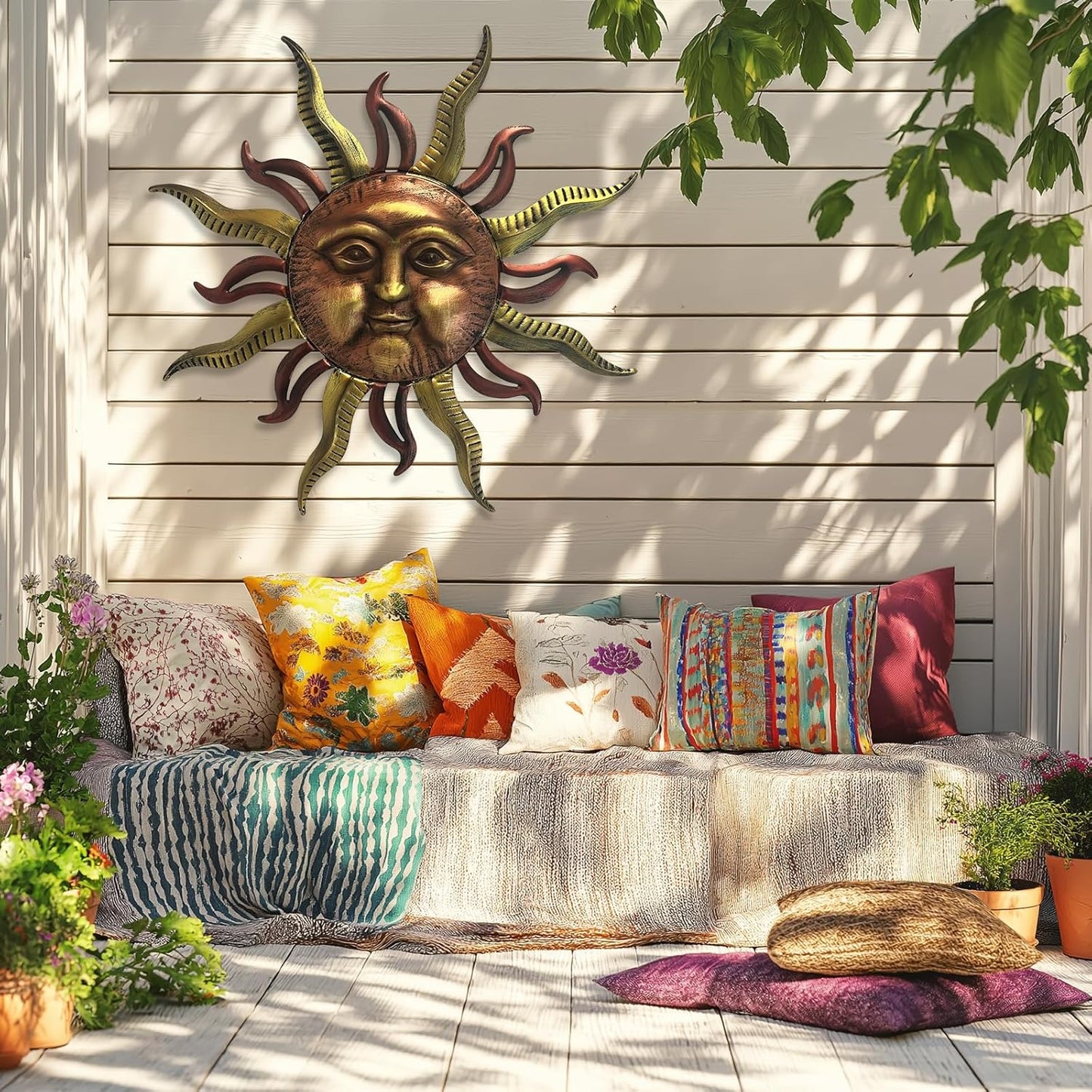 LIFFY 30" Large Sun Wall Decor - Metal Sun Face Wall Sculpture, 3D Hand-Painted Outdoor Wall Art Hanging for Patio Garden Yard, Housewarming Gift, Easy Hanging