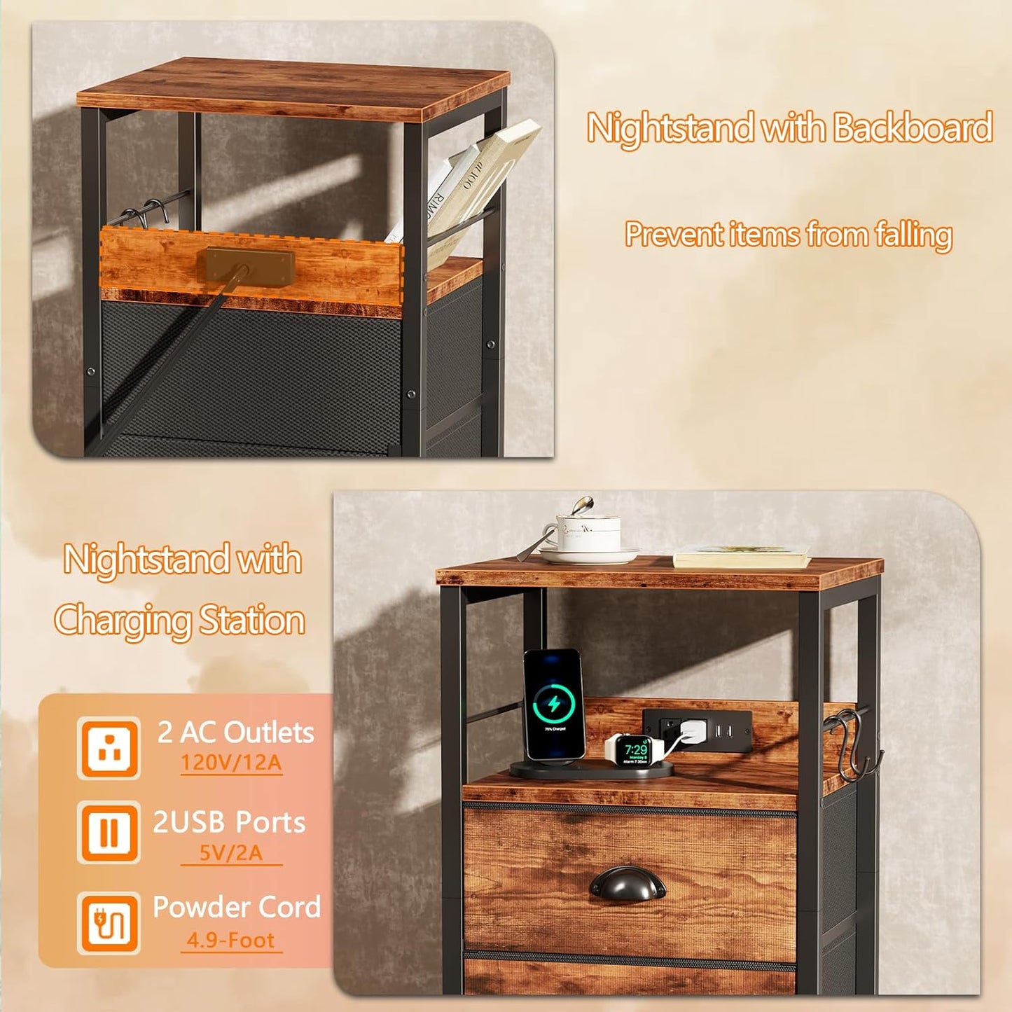 Furologee Nightstand Set of 2, Rustic Brown, with Charging Station and USB Ports, Side Tables with 2 Fabric Drawers, Bedside Tables with Storage Shelf & Hooks, for Living Room/Bedroom
