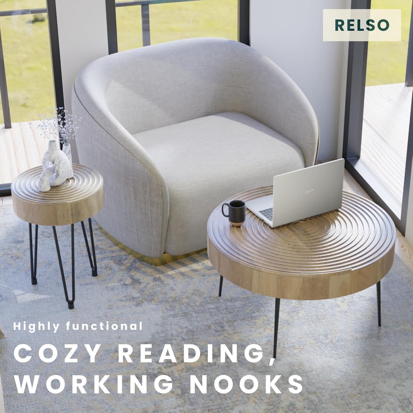 Relso Aspen Round Nesting Coffee Table Set of 2 – Solid Wood Nesting Tables with Metal Legs, Natural Finish | End Table with Ring Pattern | Modern Accent Tables for Living Room, Boho, Farmhouse Decor