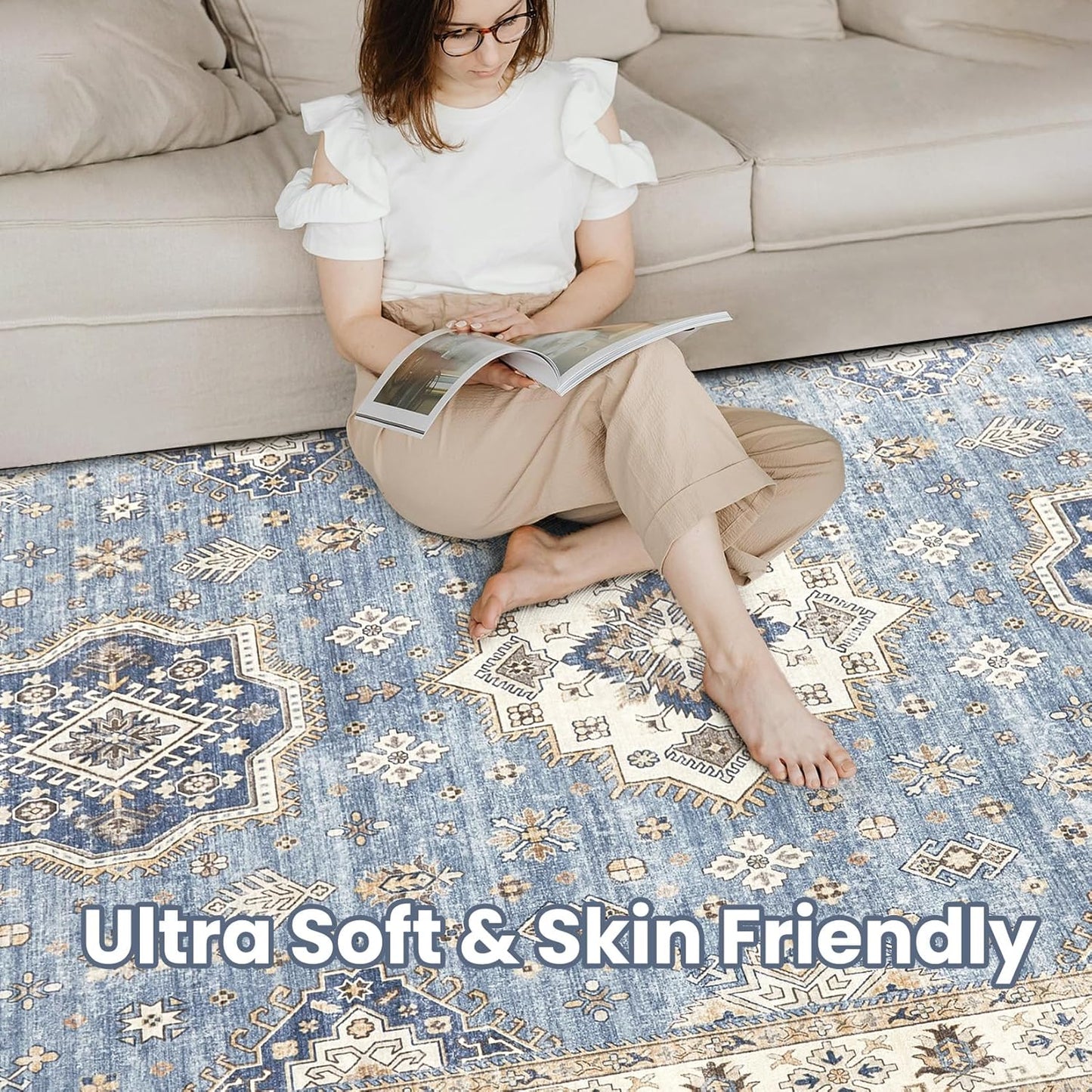 Washable Area Rugs for Living Room - 6x9 Neutral Vintage Distressed Floral Farmhouse Boho Large Soft Floor Rug Indoor Non Slip Carpet for Living Room Bedroom Dining Room Office - Blue