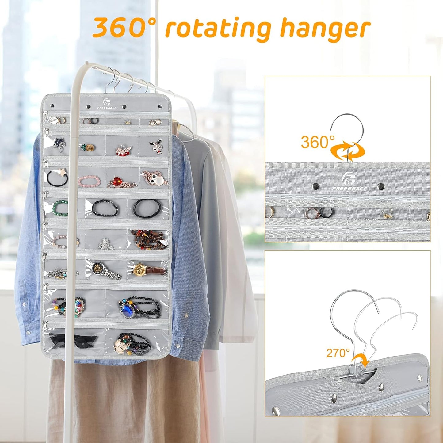 Freegrace Hanging Jewelry Organizer Revolving Hanger - Secure Zipper Closure - 25 Pockets,23 Hooks - Foldable Storage & Display Solution - For All Jewelry & Bijoux (Gray)