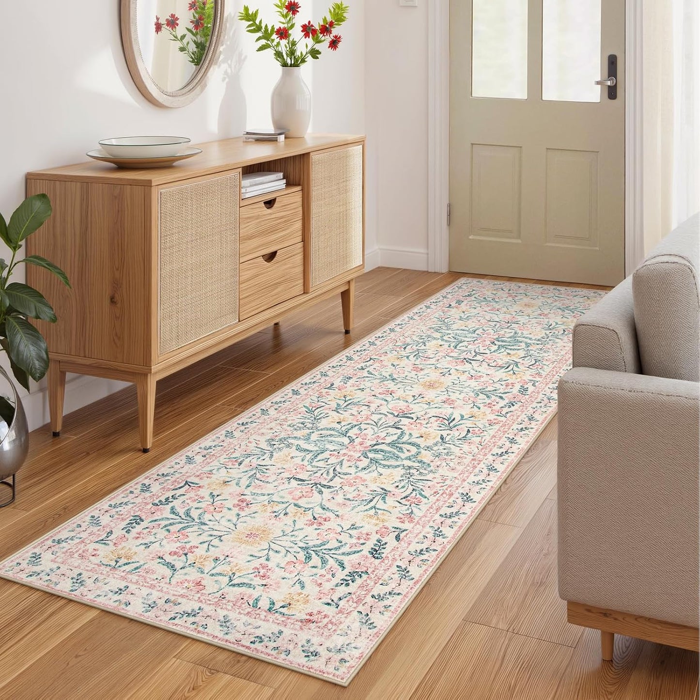Wonnitar Floral Washable Runner Rug, 2'6"x8' Runners for Hallways Pink Rugs for Entryway Bedroom, Boho Non Slip Soft 8ft Long Carpet for Kitchen Bathroom Laundry