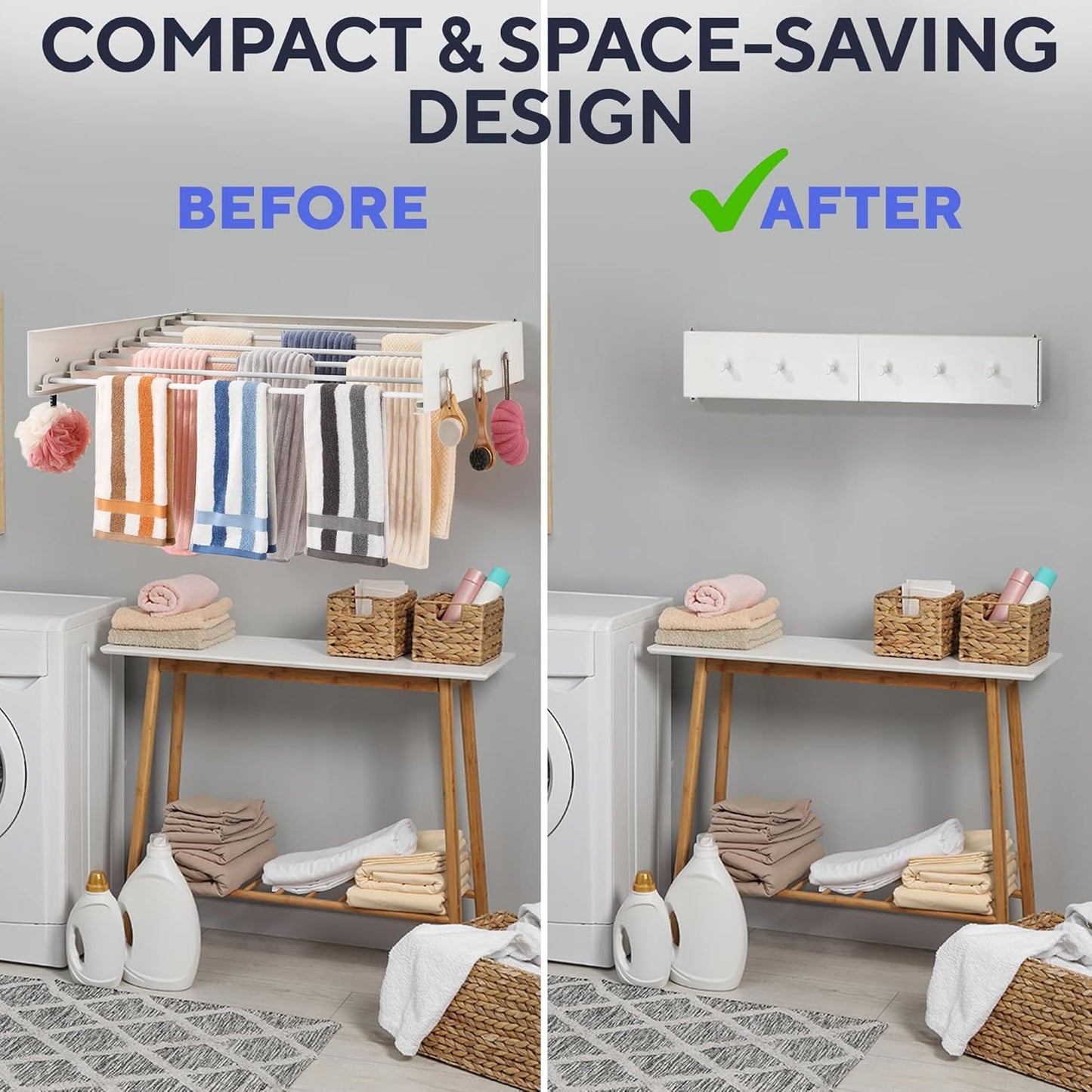 Foldable Wall Mounted Drying Rack 40 inch - Easy to Install Hanging Rack for Laundry Room - Space Saving Design with 66-lb Capacity - Perfect Drying Racks for Clothes Towels & More