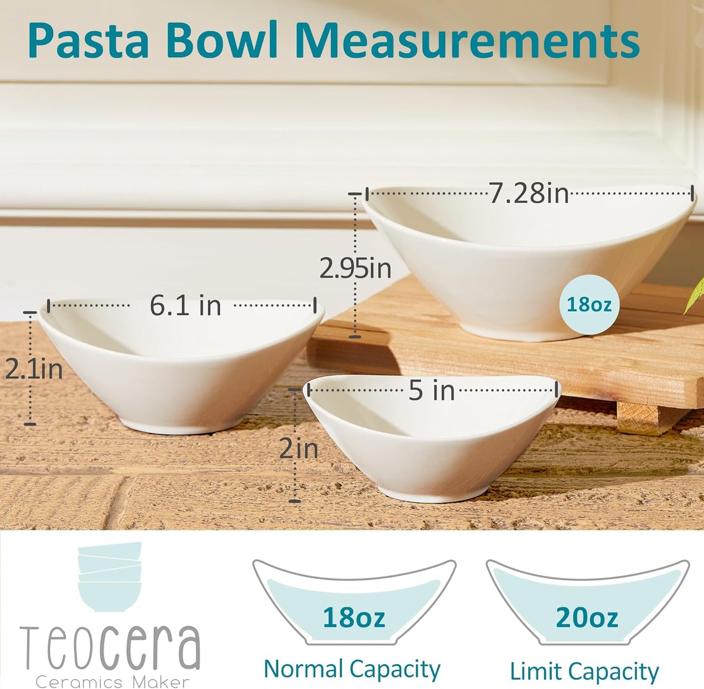 Teocera 7 Inch Salad Bowls Set of 6, 18 oz Large Soup Bowls– Microwave & Dishwasher Safe, for Pasta, Snacks, White