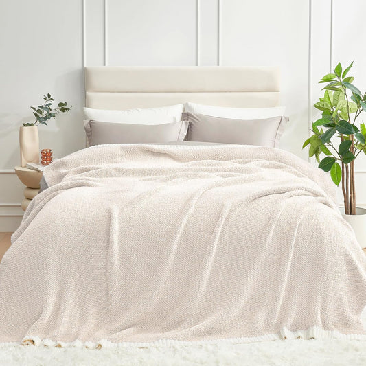 Snuggle Sac Queen Size Oversized Super Soft Bed Blanket - Warm & Cozy Knit Fuzzy Microfiber Blankets in Heather Ivory, 90 x 90