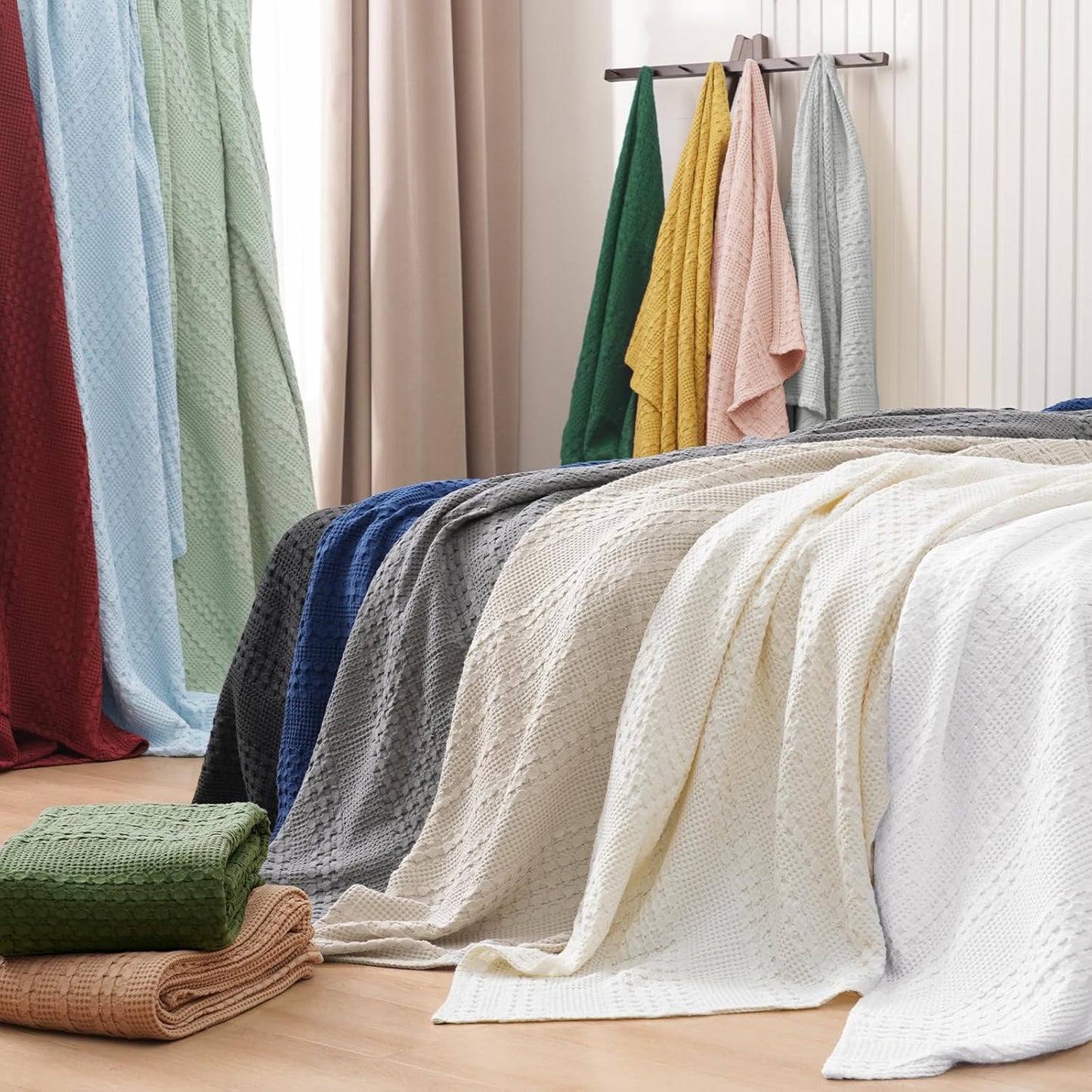 PHF 100% Cotton Waffle Weave Blanket Queen Size, Soft Lightweight Breathable Cozy Summer Blankets for Bed, Luxury Aesthetic Woven Bedding for Home Decor, 90"x90", Bright Navy Blue