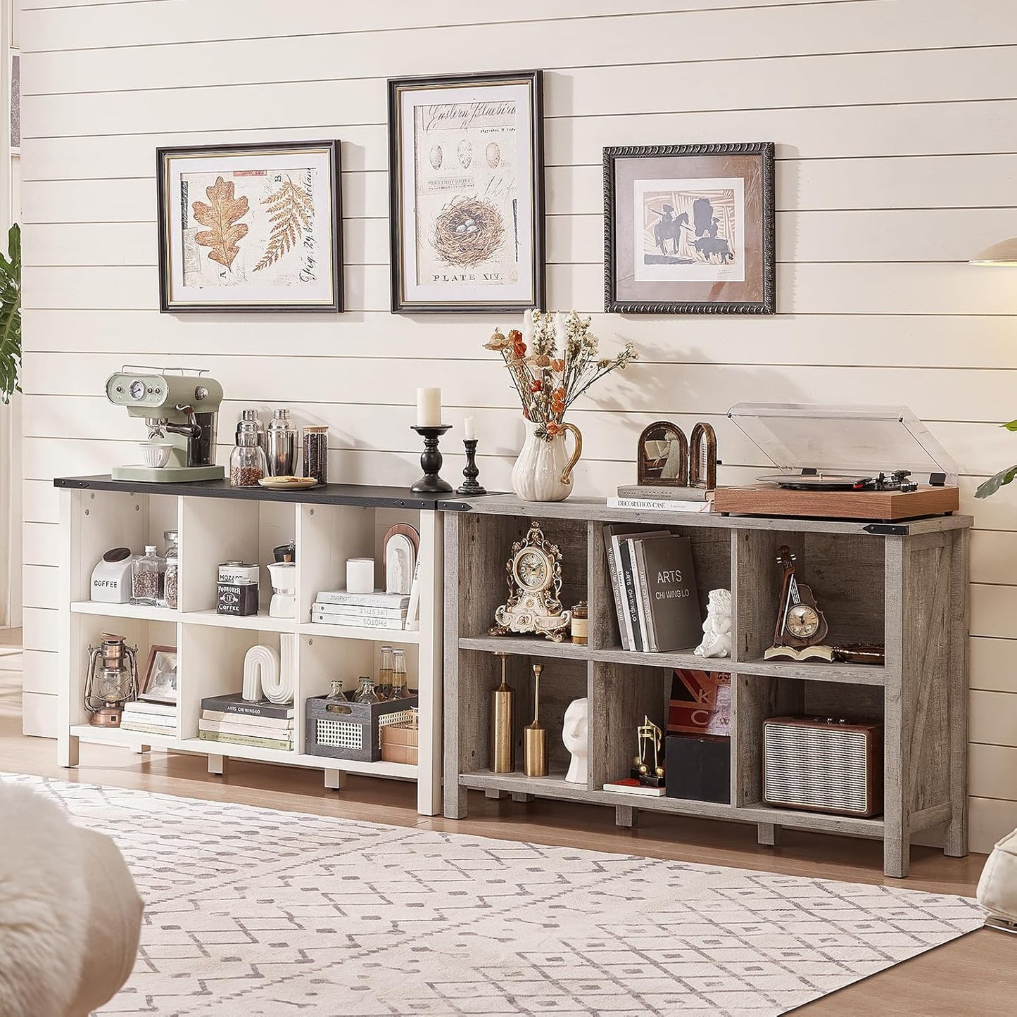 Farmhouse 6 Cube Bookshelf, Antique White & Black Wooden Storage Organizer Book Shelf, 47" Cubby Hallway Bookcase, Kids Toy Storage Cabinet, Modern Open Book Case for Living Room, Playroom