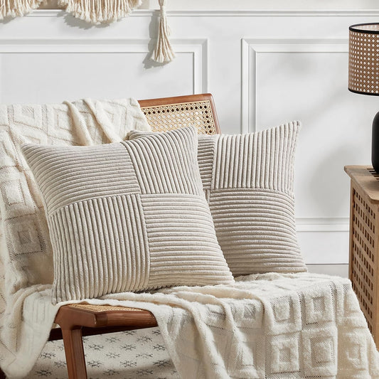 Fancy Homi 2 Packs Neutral Taupe Decorative Throw Pillow Covers 18x18 Inch for Living Room Couch Sofa, Rustic Farmhouse Boho Home Decor, Soft Corss Corduroy Patchwork Textured Square Cushion Case 45cm