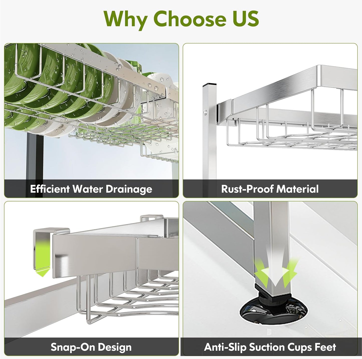 2 Tier Extra Large Stainless Steel Expandable Over The Sink Dish Drainer Drying Rack, Rust Proof Metal, Space Saving, Modern Silver Big Capacity Extendable Plate Strainers Above Kitchen Counter