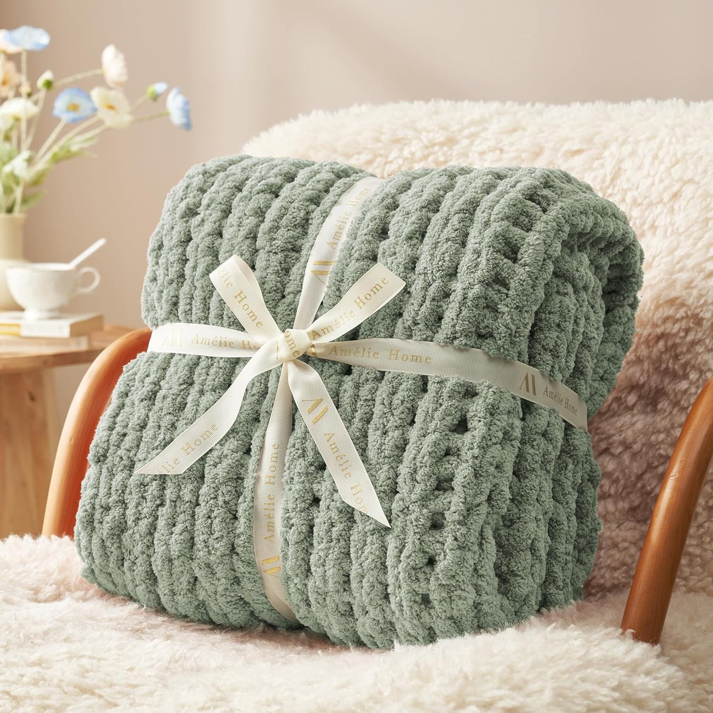 Amélie Home Chunky Knit Throw Blanket for Couch, Soft Chenille Crochet Blanket for Children, 40"x50", Sage Green