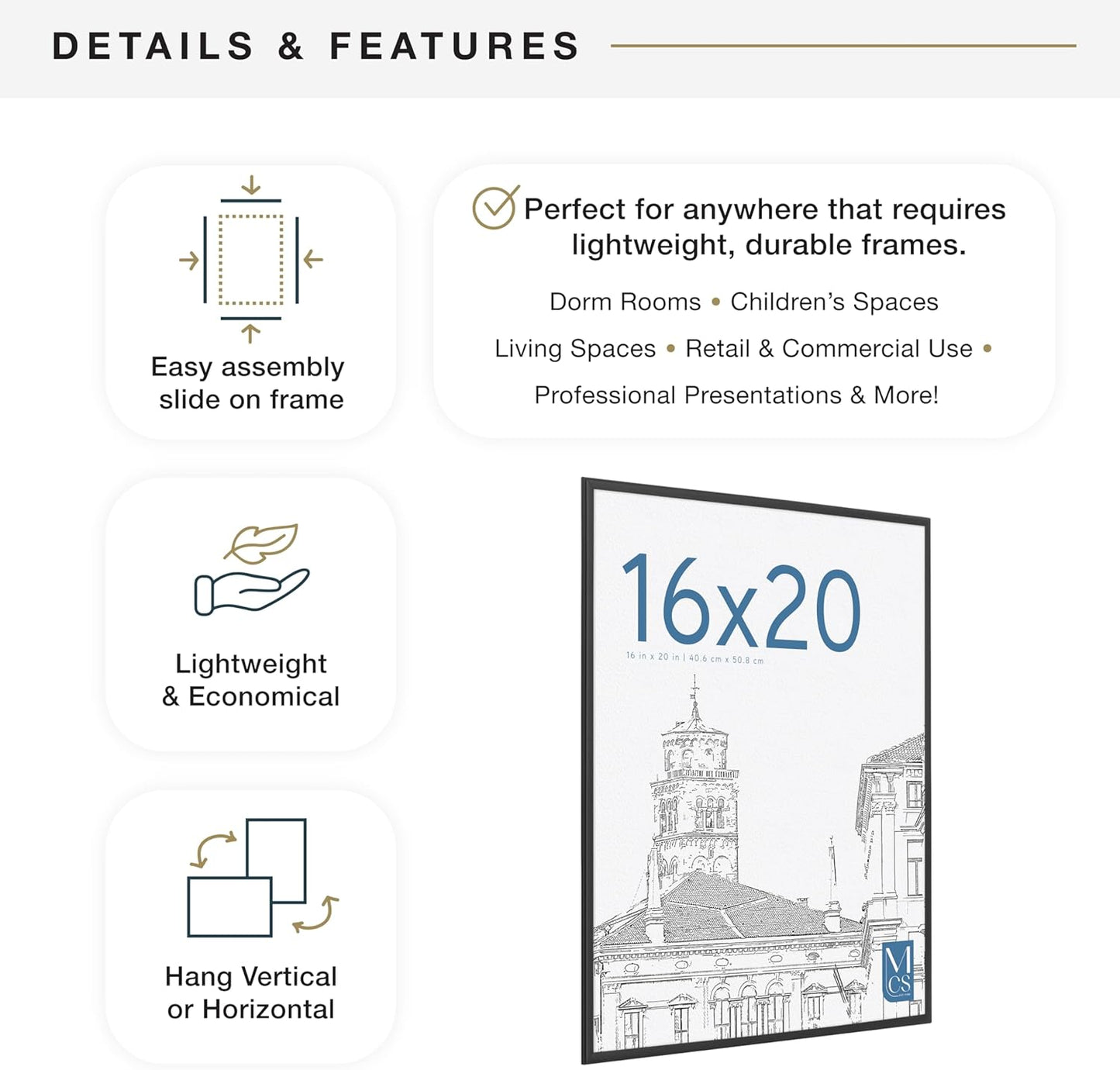 MCS Original Poster Frame 16x20 Black Lightweight Vertical & Horizontal Wall Hanging Large Picture Frame for Posters, Art Prints & Gallery Wall (2-Pack)