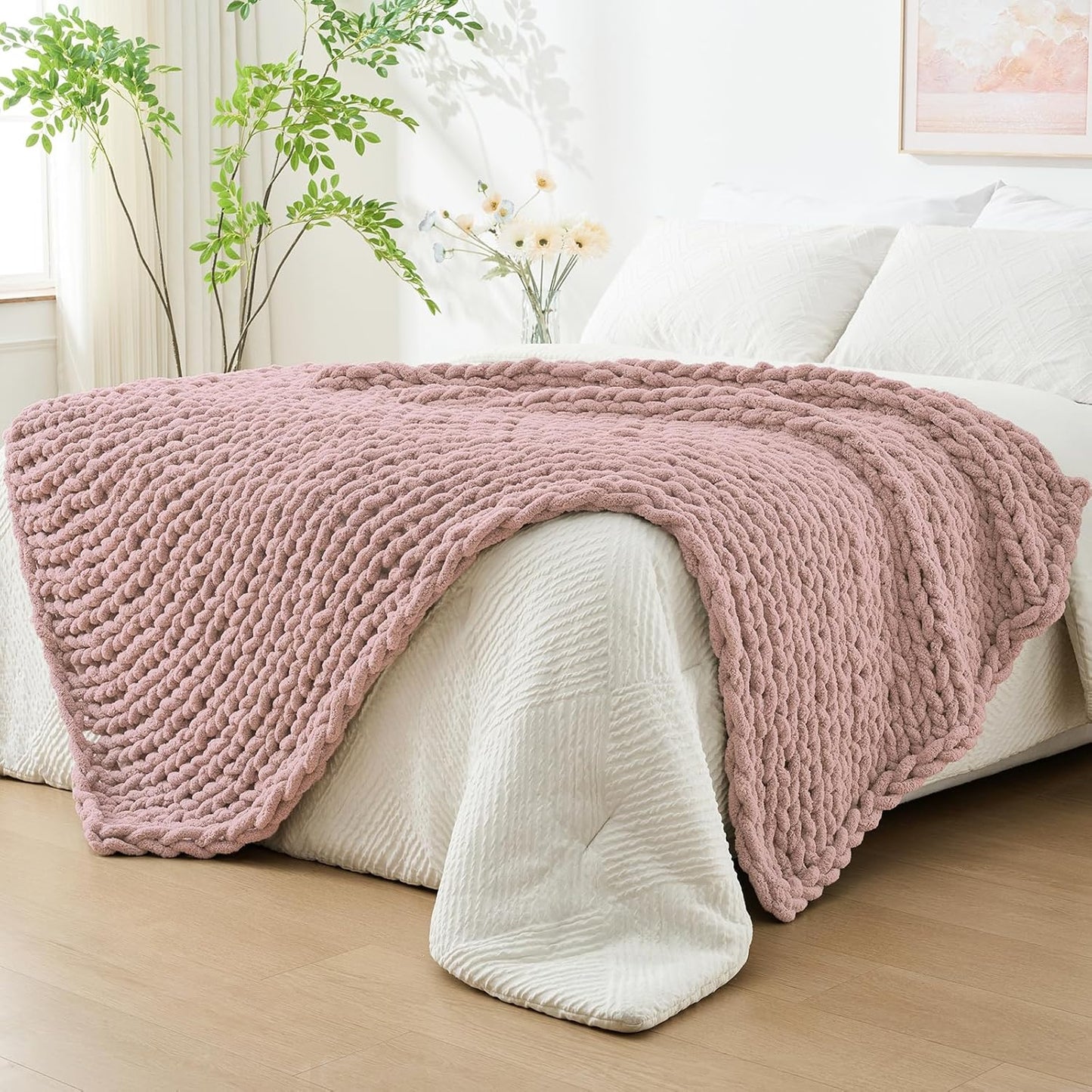 Bigacogo Chunky Knit Throw Blanket for Couch, 40x80 inches, 100% Hand Knitted with Thick Jumbo Chenille Yarn, Cozy Soft Large Rope Knot Cable Crochet Blankets for Sofa Bed Living Room, Dusty Pink