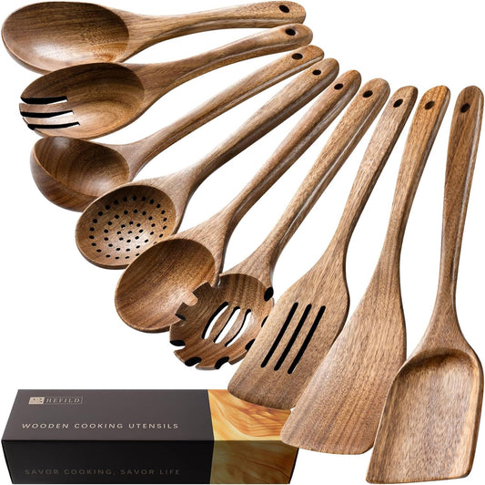 Wooden Spoons for Cooking, Nonstick Cooking Utensil Set with 9 Piece Acacia Wooden Spatulas and Spoons for Cooking, Terrific for Everyday Kitchen Tasks
