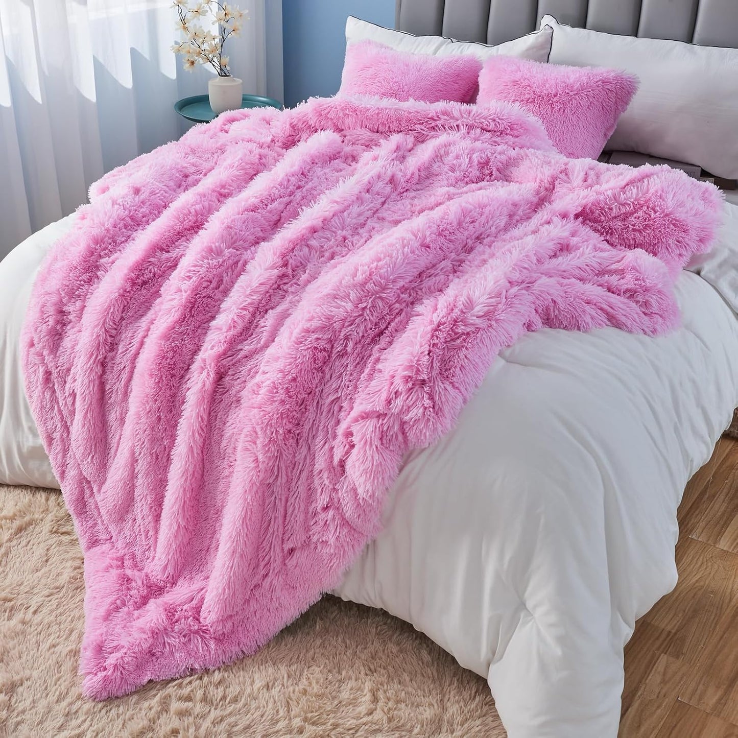 GONAAP Fuzzy Faux Fur Throw Blanket Twin Size Light Pink Super Soft Cozy Plush Fuzzy Shaggy Blanket for Couch Sofa Bed (Light Pink, Twin(60"x80"))