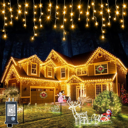 Icicle Lights for Outside 99ft 1216 LED Christmas Lights Outdoor 8 Modes with 228 Drops, Waterproof Plug in Fairy String Lights for Party, Holiday, Wedding, Christmas Decoration, Warm White