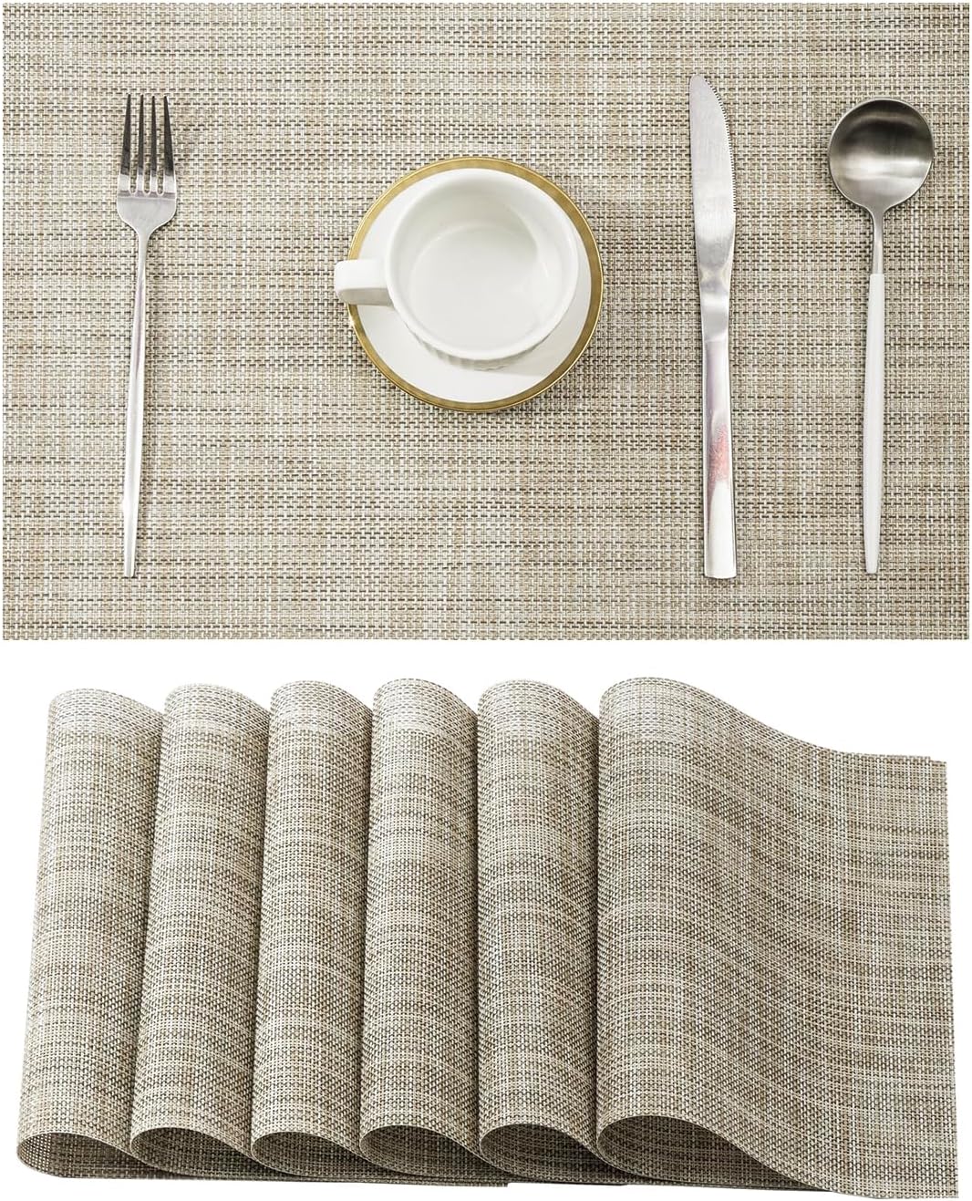 Leetaltree Linen Yellow Placemats Set of 6 - Heat Resistant Non-Slip Place mats for Dining Table, Washable Durable PVC Vinyl Woven Table Mats（Linen Yellow, 6）