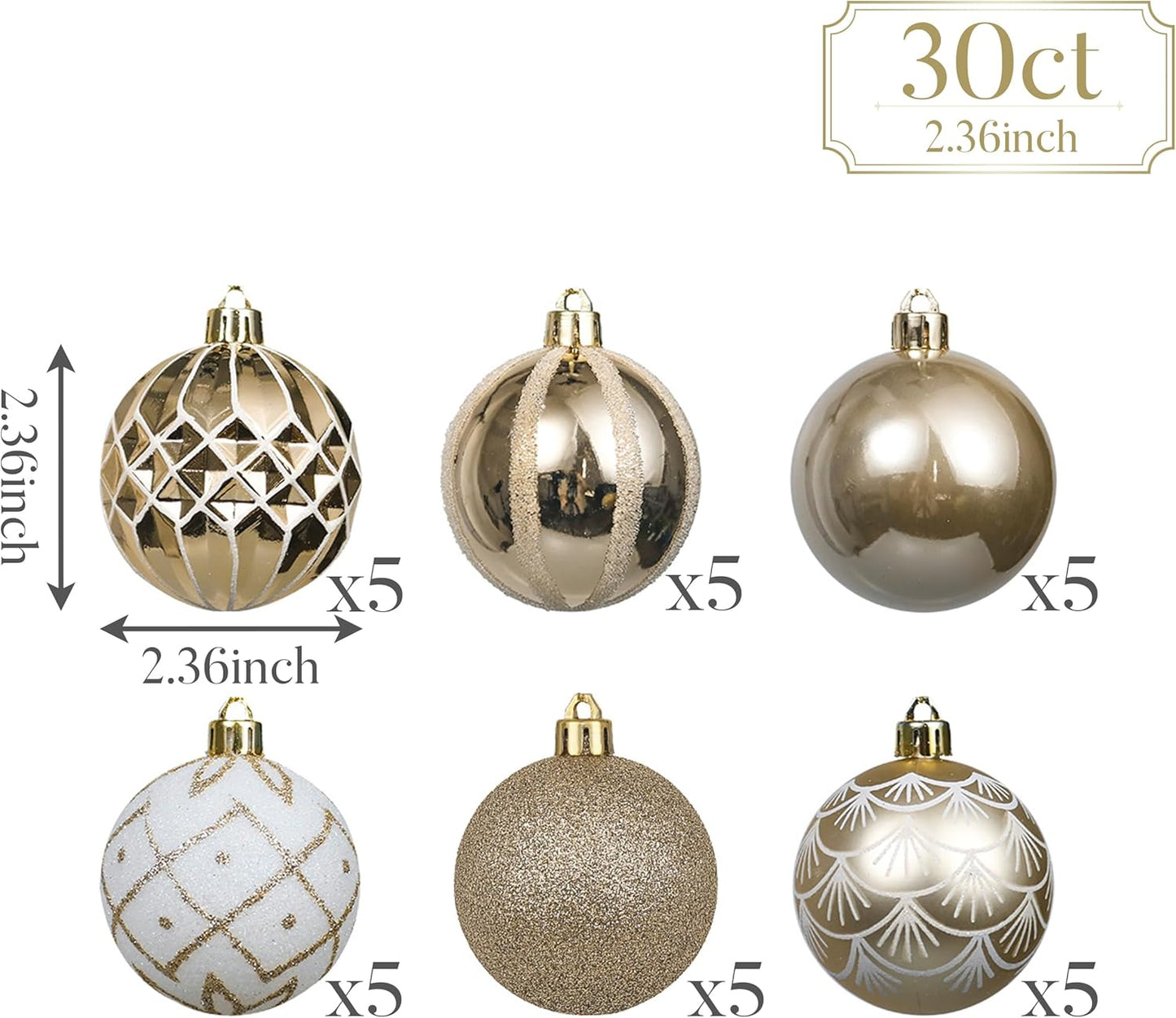 Valery Madelyn Christmas Ornaments Set, 30ct 2.36 Inches White and Gold Shatterproof Christmas Tree Decorations Ball Ornaments Bulk, Elegant Hanging Ornaments for Xmas Holiday Party Decor