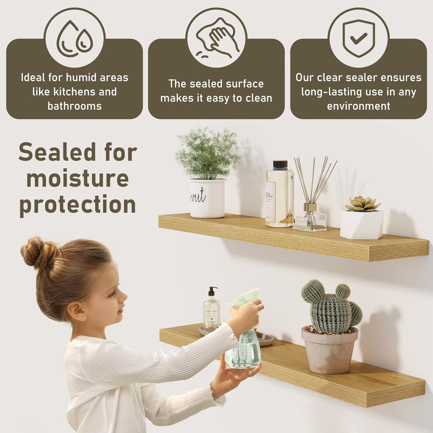 Fun Memories 36 x 8 Inch Floating Shelves for Wall, Farmhouse Bathroom Shelves Set of 2, Wood Wall Shelves 36 Inch Long, 36 x 8 x 1.4 Inch, Oak Color