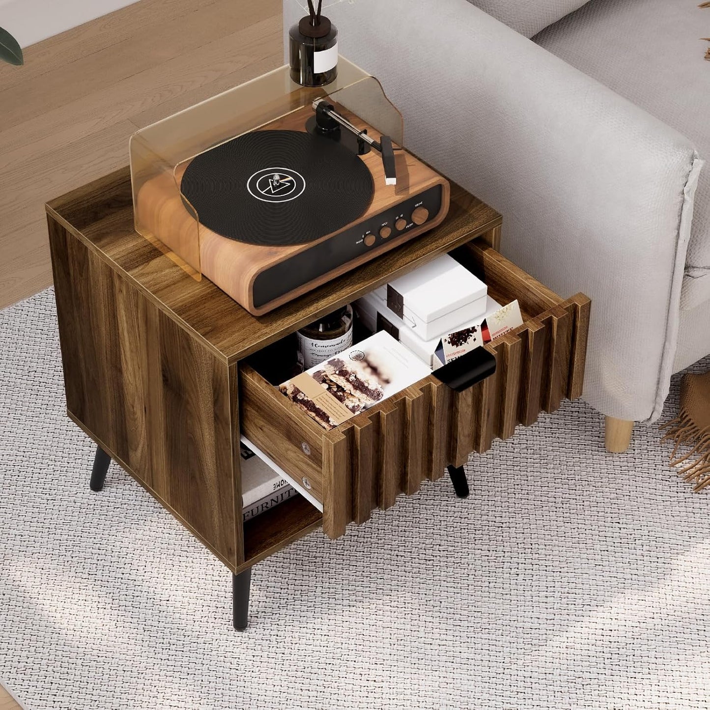 Smuxee Walnut Wooden Night Stand, Mid Century Nightstand with Fluted Drawer, Bedside Table with Open Shelf, Modern End Side Table for Bedroom