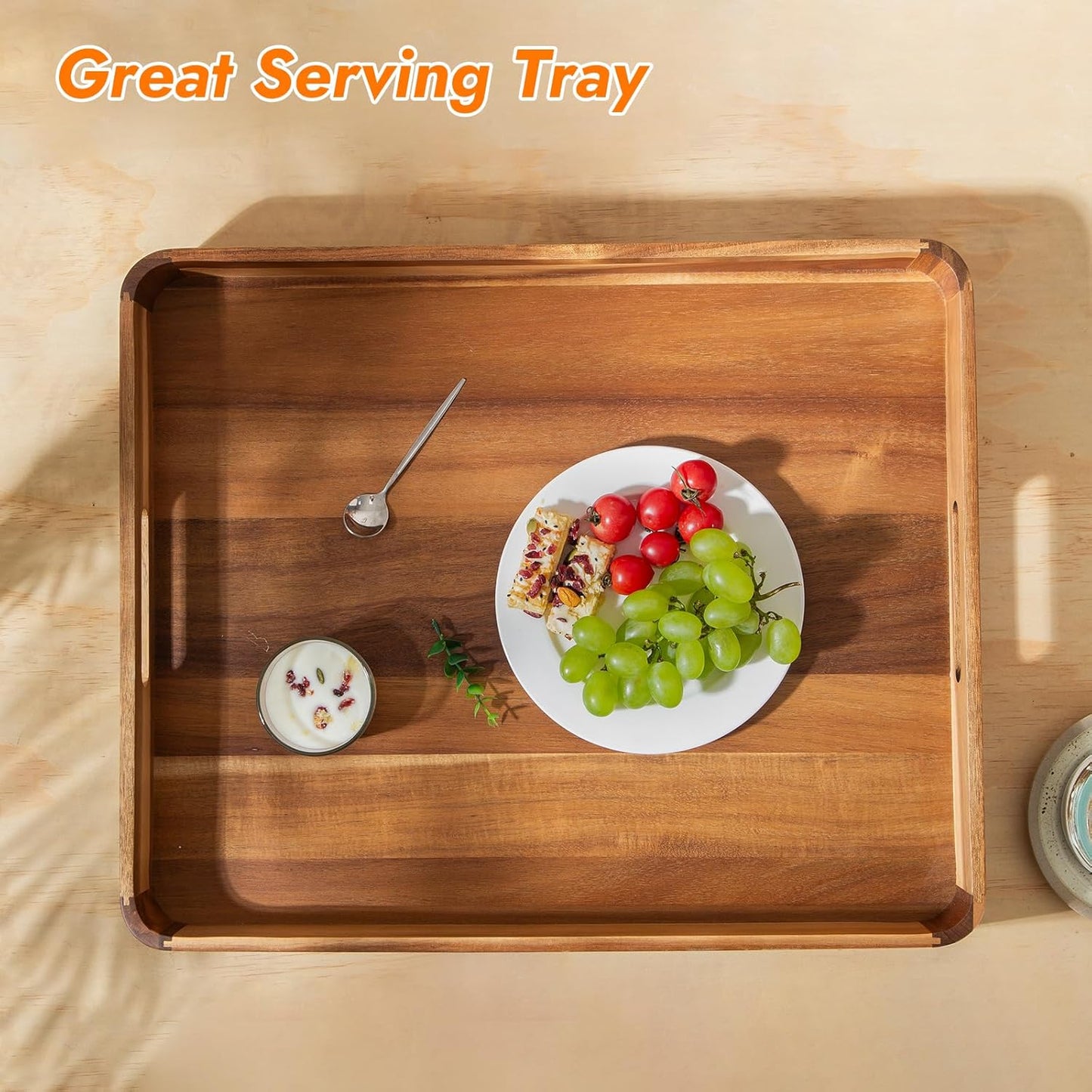 Wooden Serving Tray with Handles,Rustic Ottoman Tray for Kitchen Counter/Coffee Table/Living Room Decor,Versatile Tray for Party Picnic Barbecue