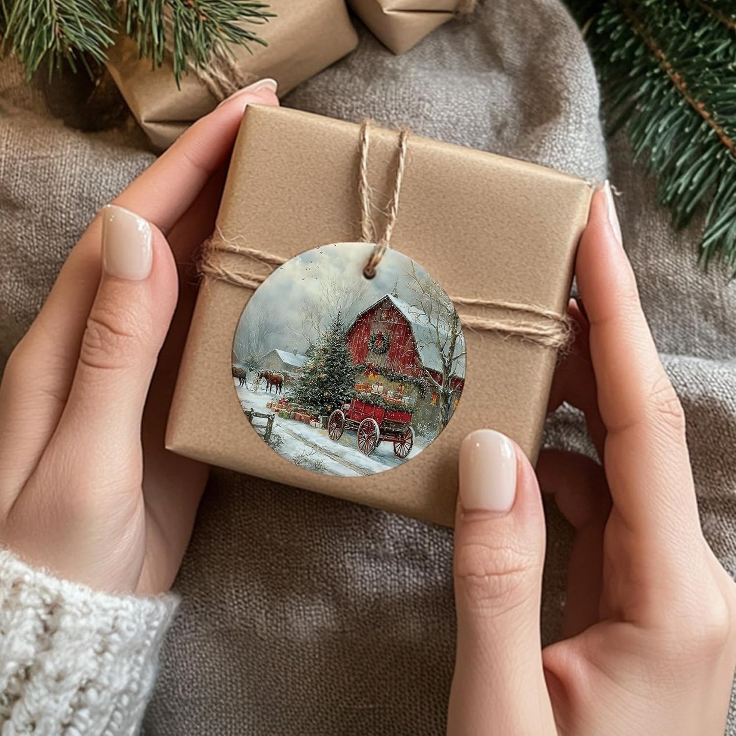 Vintage Christmas Ceramic Ornament Gifts, Retro Rustic Winter Christmas Countryside Decorative Hanging Ornaments for Xmas Tree Holiday Party Decoration, Winter Xmas Tree Decorations