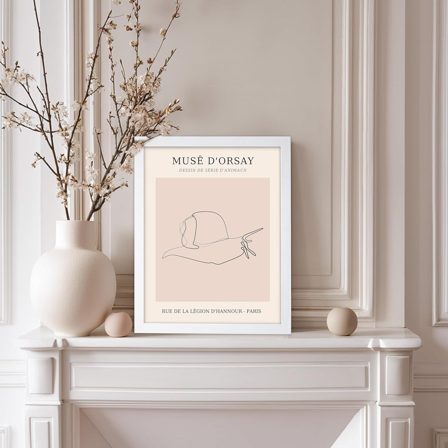 Poster Master Vintage Poster - Retro One Line Snail Drawing Print - Snail Line Art - Minimal Gift for Men, Women, Animal Lover - Abstract Wall Decor for Home, Office, 8x10 White Framed