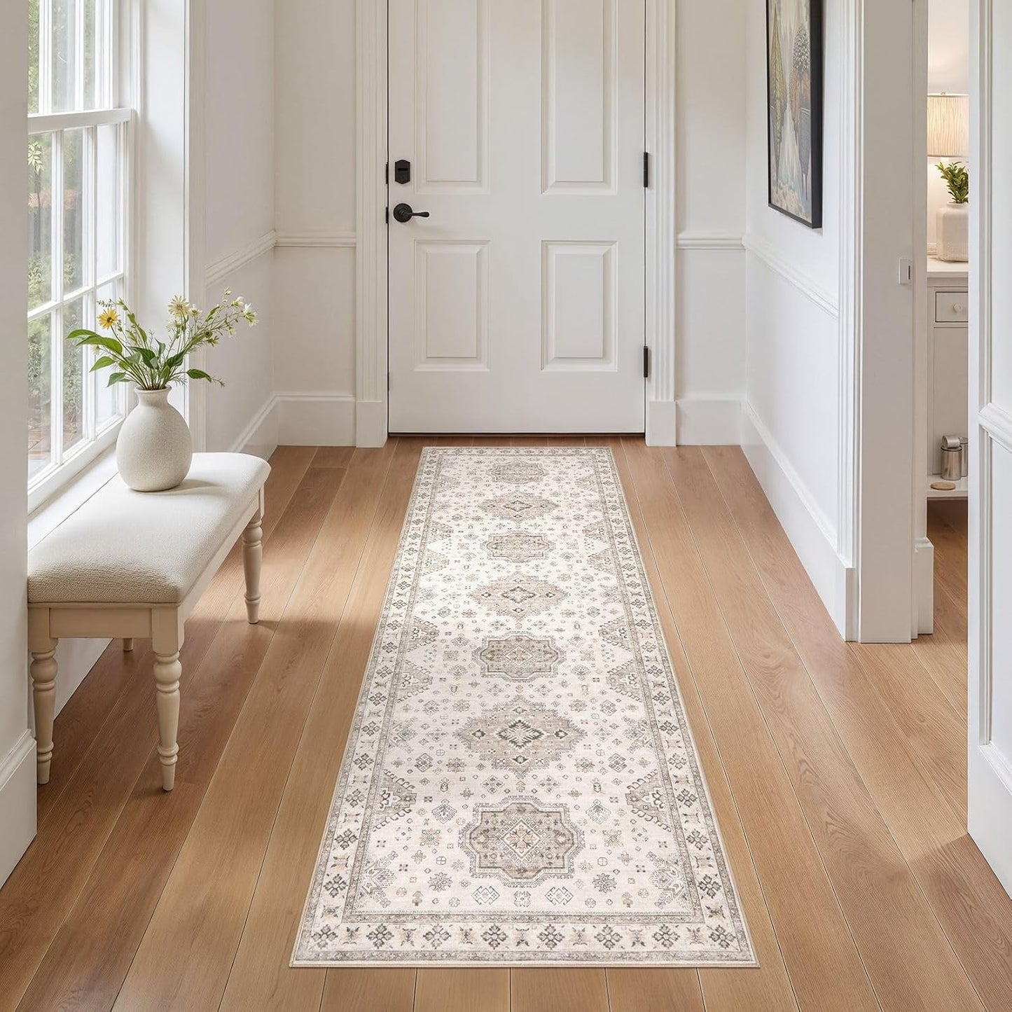 Washable 2x6 Runner Rug - Area Rugs Neutral Vintage Distressed Floral Farmhouse Boho Large Soft Floor Rug Indoor Carpet for Hallway Entryway Bedroom Kitchen - Beige Brown