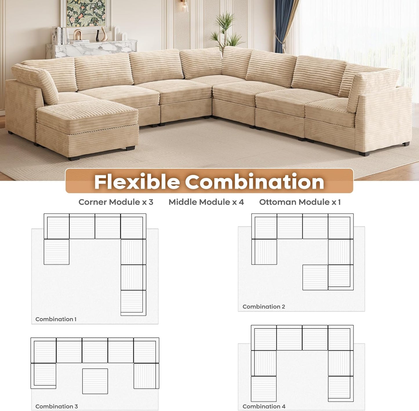 ovios Sectional Sofa Couch with L-Shape Chaise Ottoman, Comfy Modular Cloud Couches with Deep Seat, Modern Upholstered Plush Corduroy Sofas Set for Living Room, 8-Seater, Beige