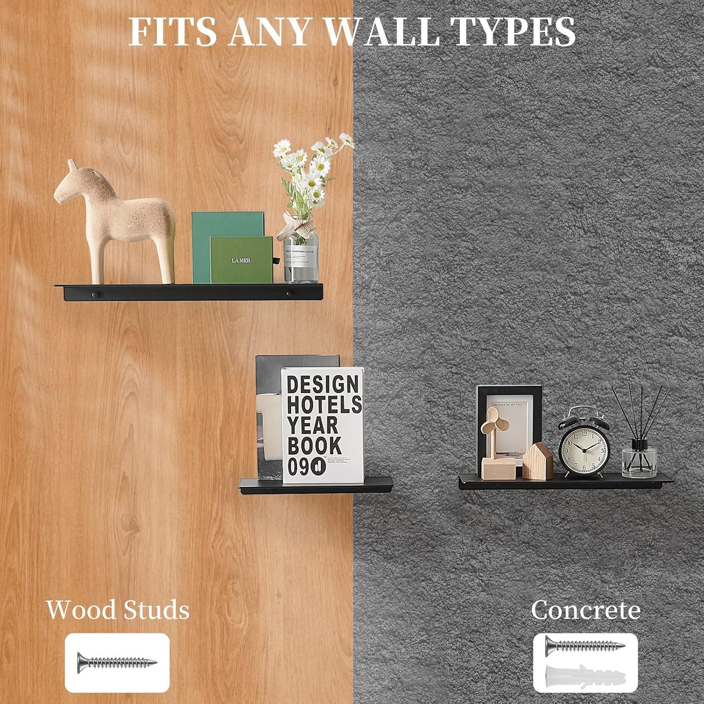 JOOM 2 PCS Small Floating Shelf, 12'' Metal Wall Shelf, Black, Bathroom, Durable, Waterproof, 5.0lbs Weight Capacity