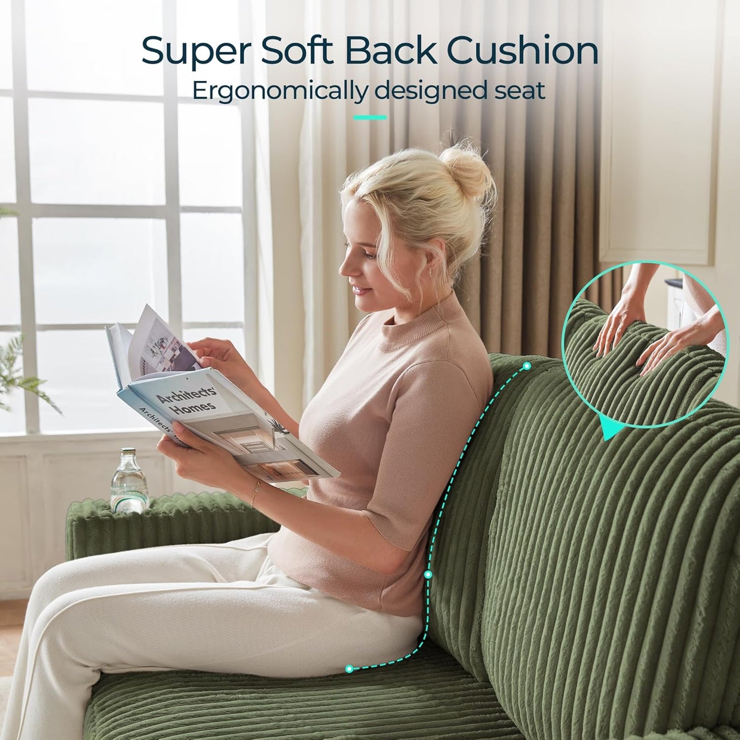 LINSY HOME Loveseat Sofa with Pull Out Couch Chaise: 2-in-1 Convertible 2 Seater Sofa with USB Charging & Cup Holders, Comfy Plush Corduroy Love Seat for Small Spaces Living Room Apartment, Green